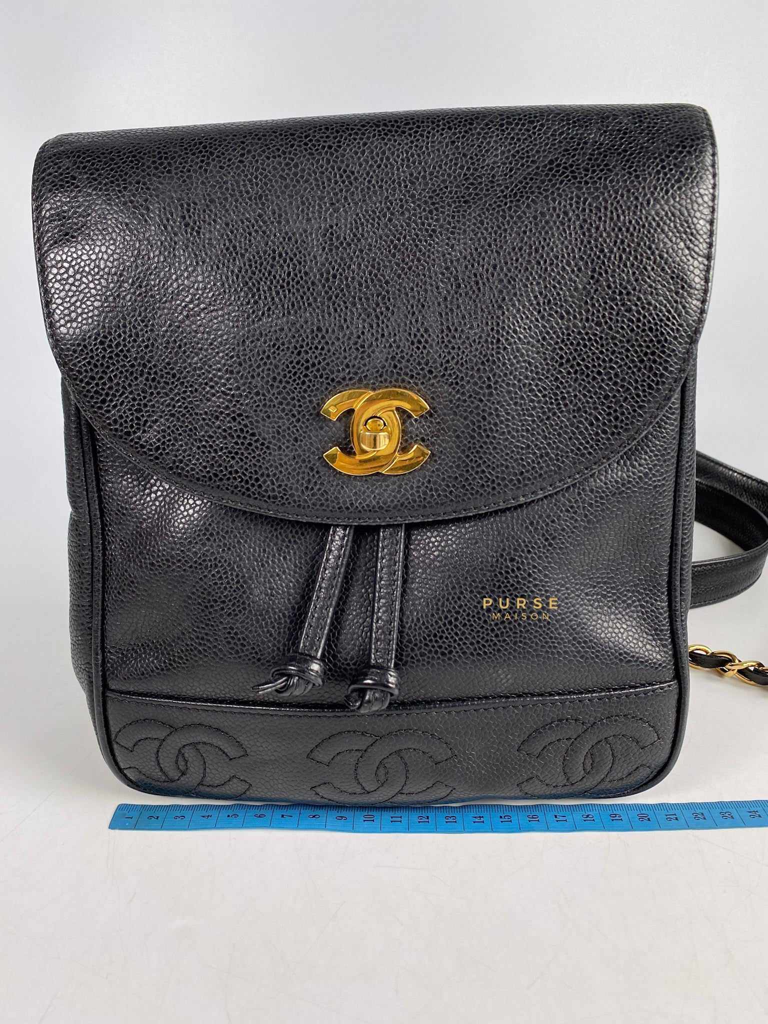 Chanel Vintage Triple CC Backpack in Black Caviar Leather and 24k Gold Hardware (Series 4)