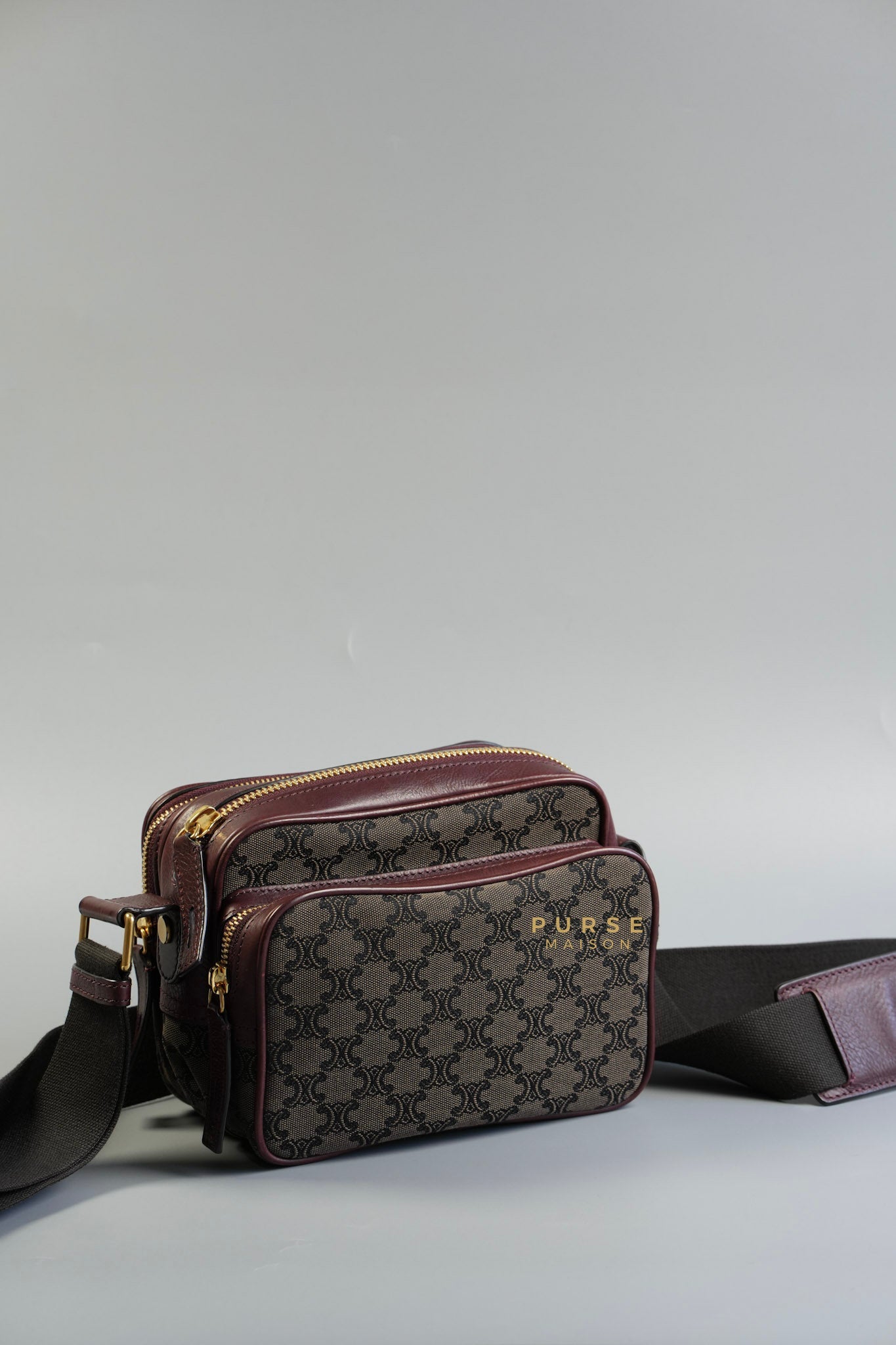 Vintage Triple Zip Messenger Bag in Brown Canvas | Purse Maison Luxury Bags Shop