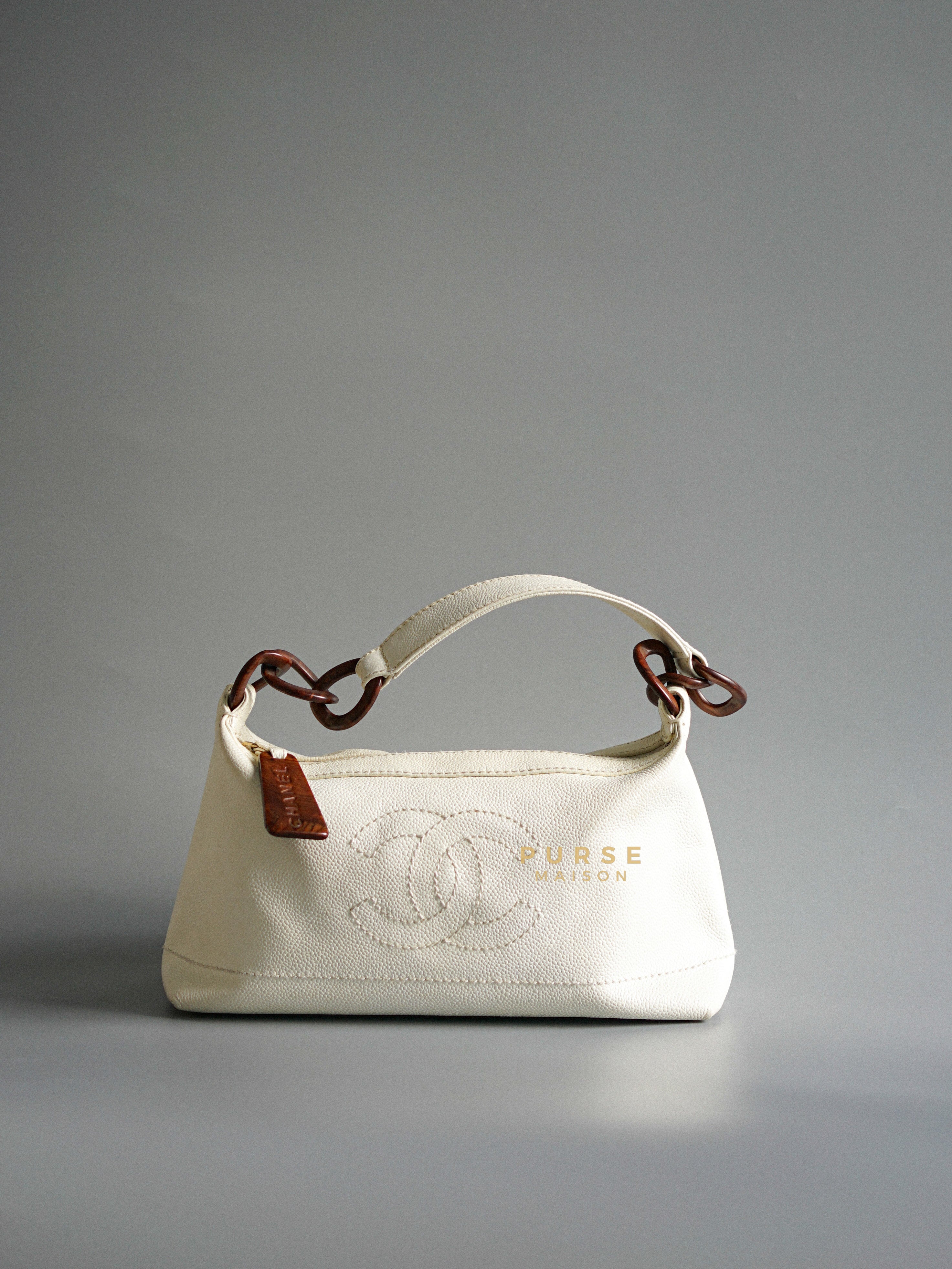 Vintage Wood Chain White Caviar Leather Shoulder Bag Series 7 | Purse Maison Luxury Bags Shop