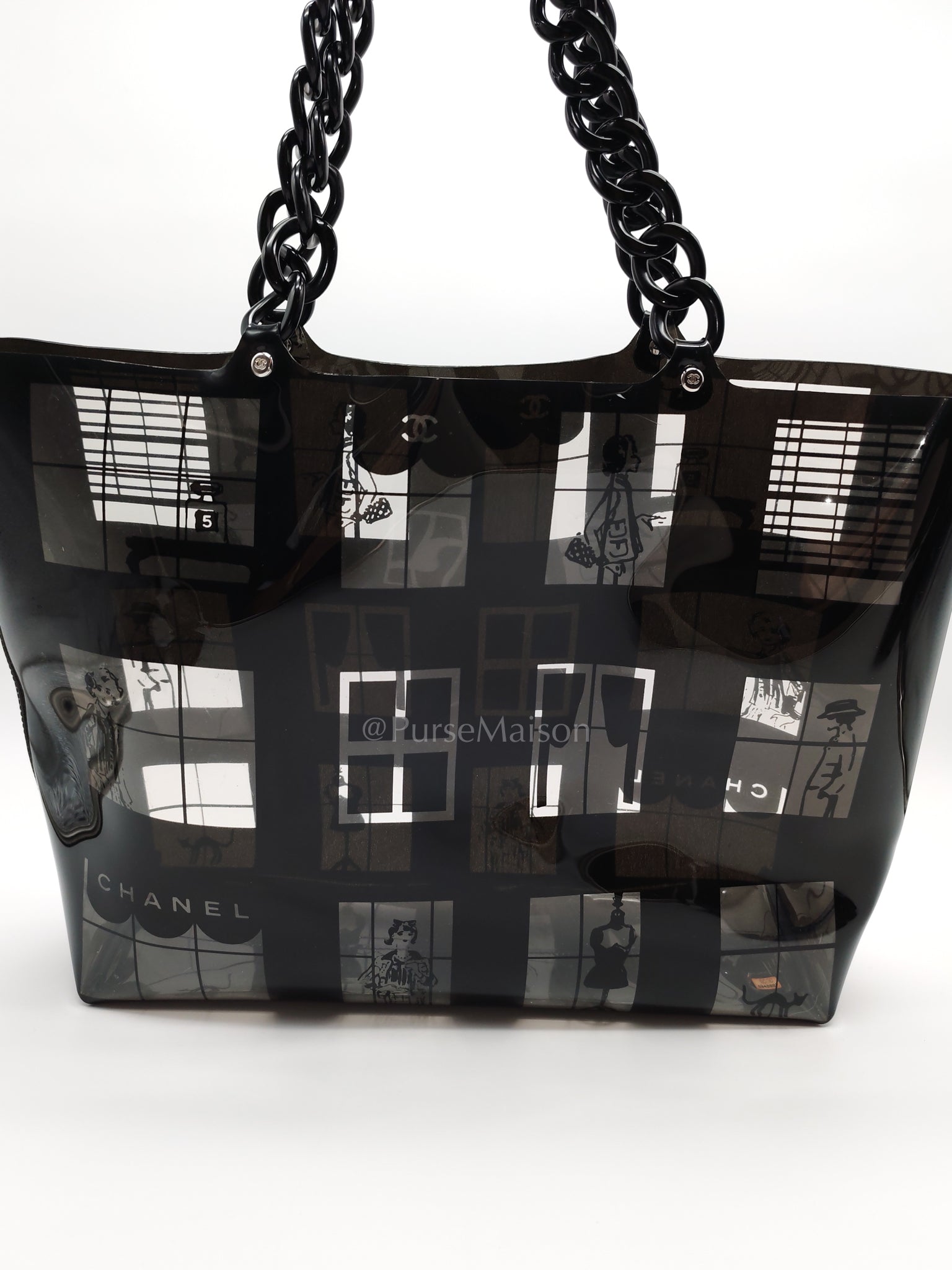 Vinyl Coco Window Tote Bag with Free Cosmetic Pouch in Silver Hardware (Series 8) | Purse Maison Luxury Bags Shop