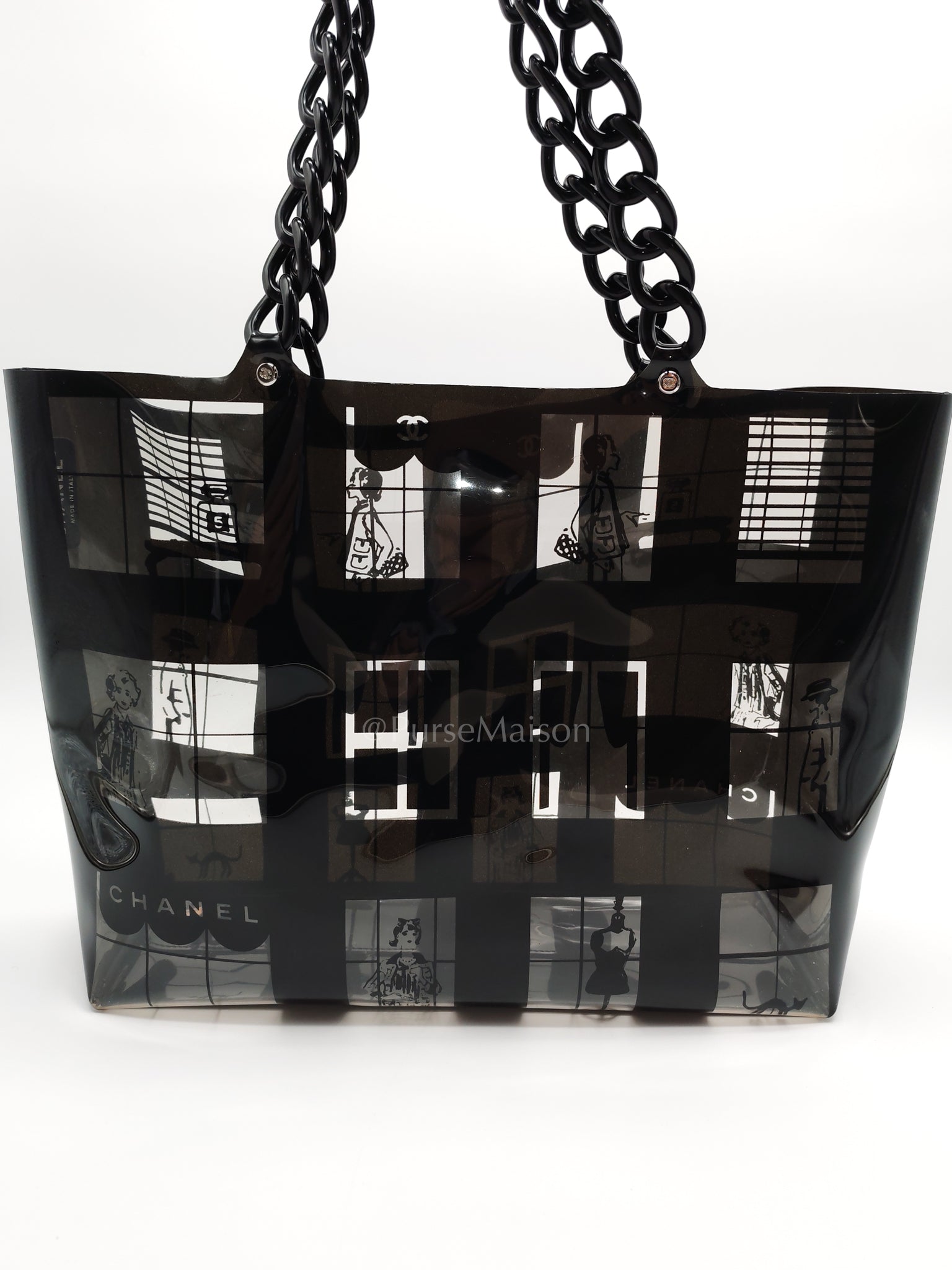 Vinyl Coco Window Tote Bag with Free Cosmetic Pouch in Silver Hardware (Series 8) | Purse Maison Luxury Bags Shop