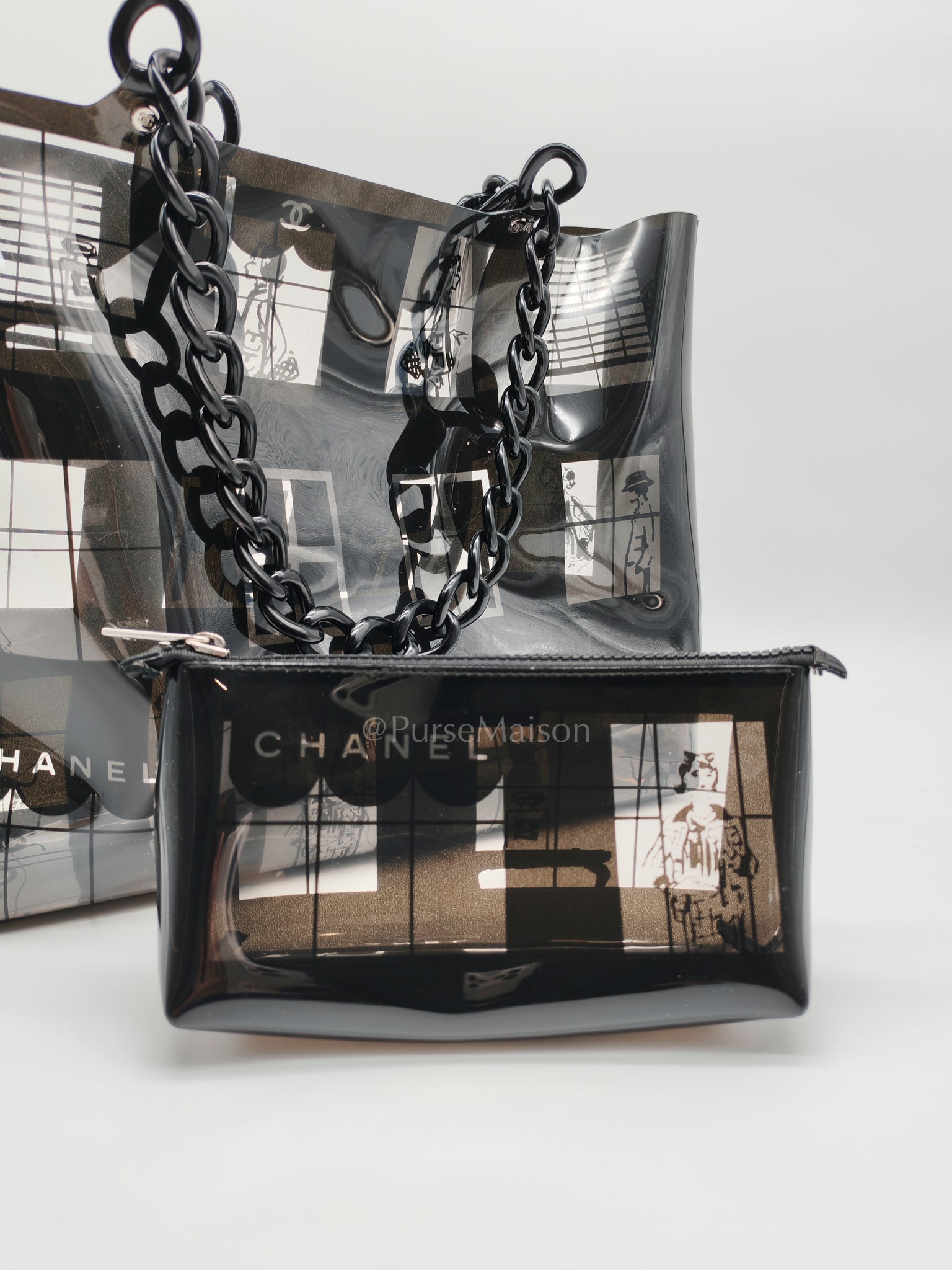 Vinyl Coco Window Tote Bag with Free Cosmetic Pouch in Silver Hardware (Series 8) | Purse Maison Luxury Bags Shop