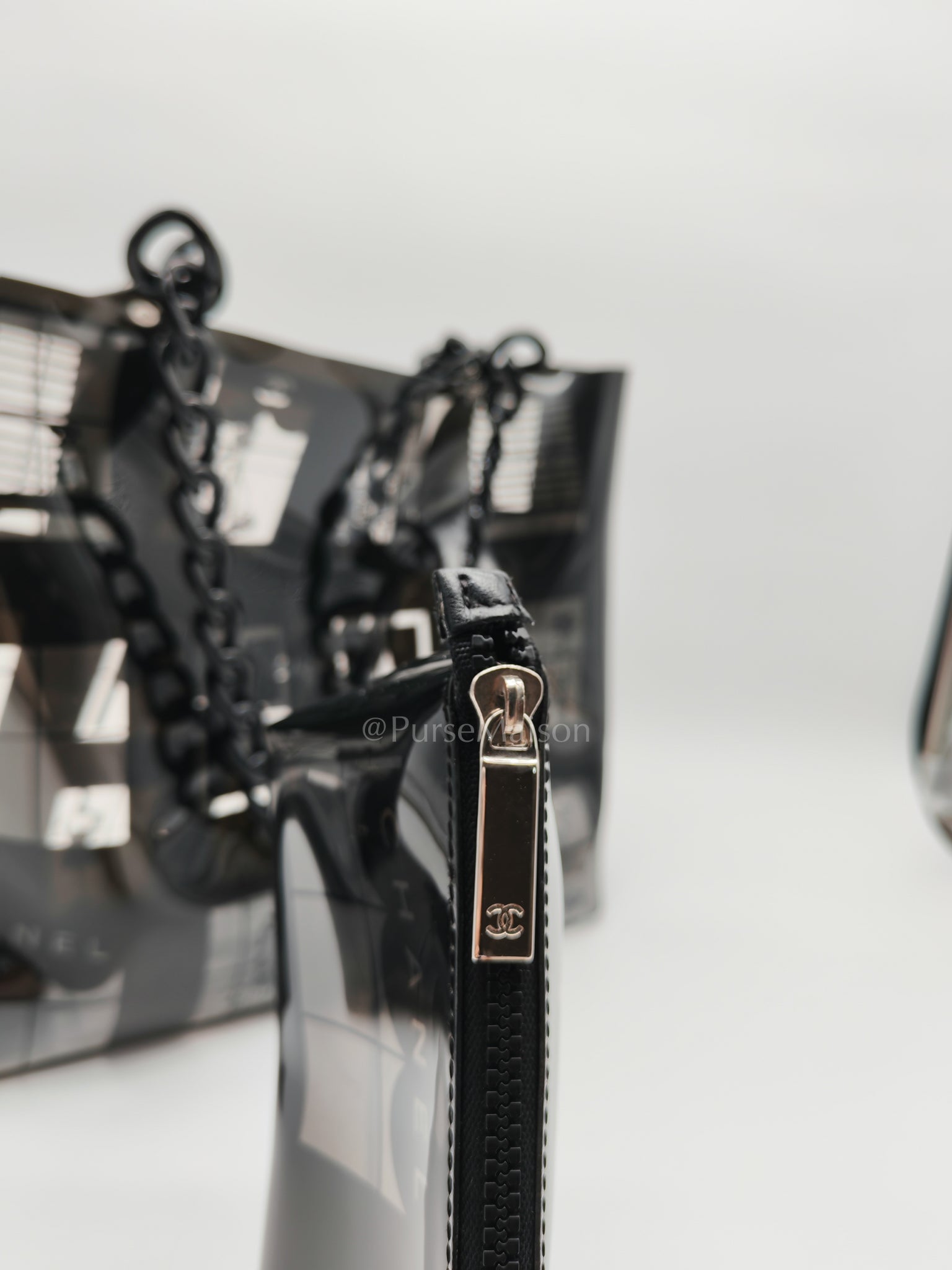 Vinyl Coco Window Tote Bag with Free Cosmetic Pouch in Silver Hardware (Series 8) | Purse Maison Luxury Bags Shop
