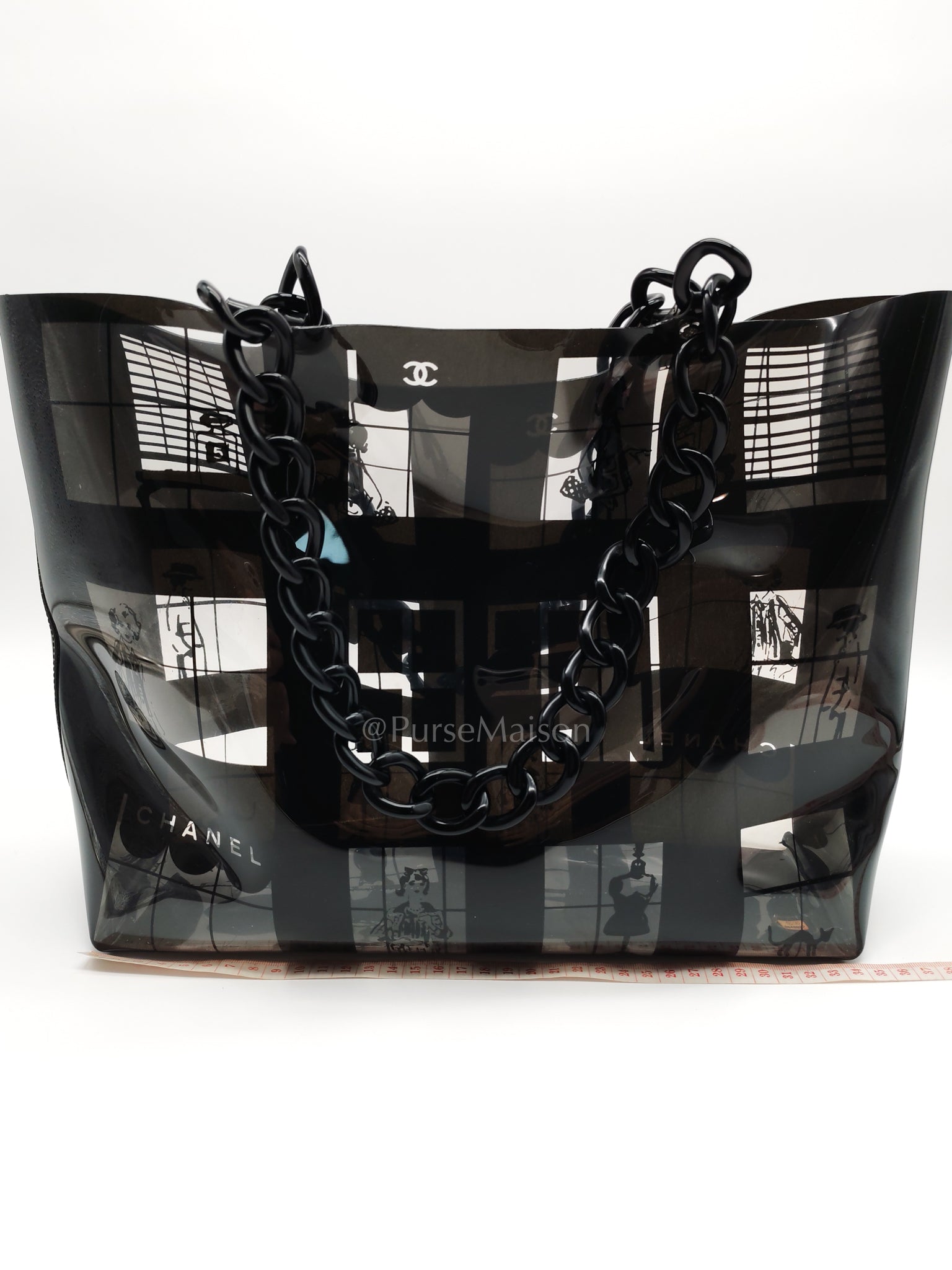 Vinyl Coco Window Tote Bag with Free Cosmetic Pouch in Silver Hardware (Series 8) | Purse Maison Luxury Bags Shop