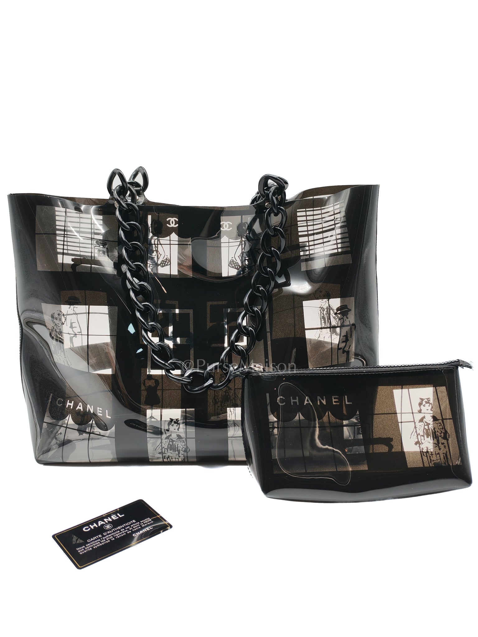 Vinyl Coco Window Tote Bag with Free Cosmetic Pouch in Silver Hardware (Series 8) | Purse Maison Luxury Bags Shop