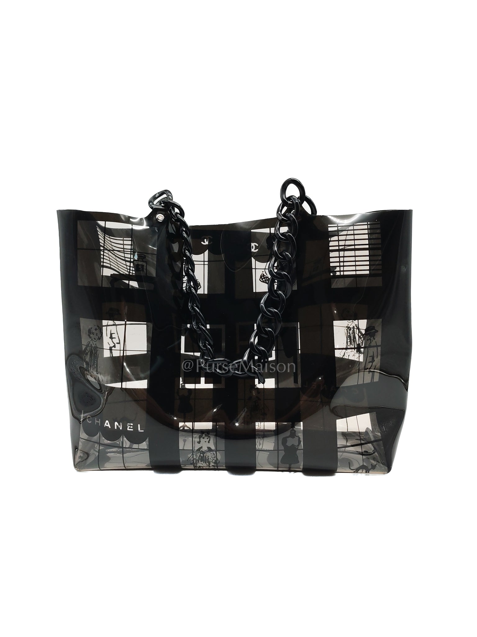 Vinyl Coco Window Tote Bag with Free Cosmetic Pouch in Silver Hardware (Series 8) | Purse Maison Luxury Bags Shop