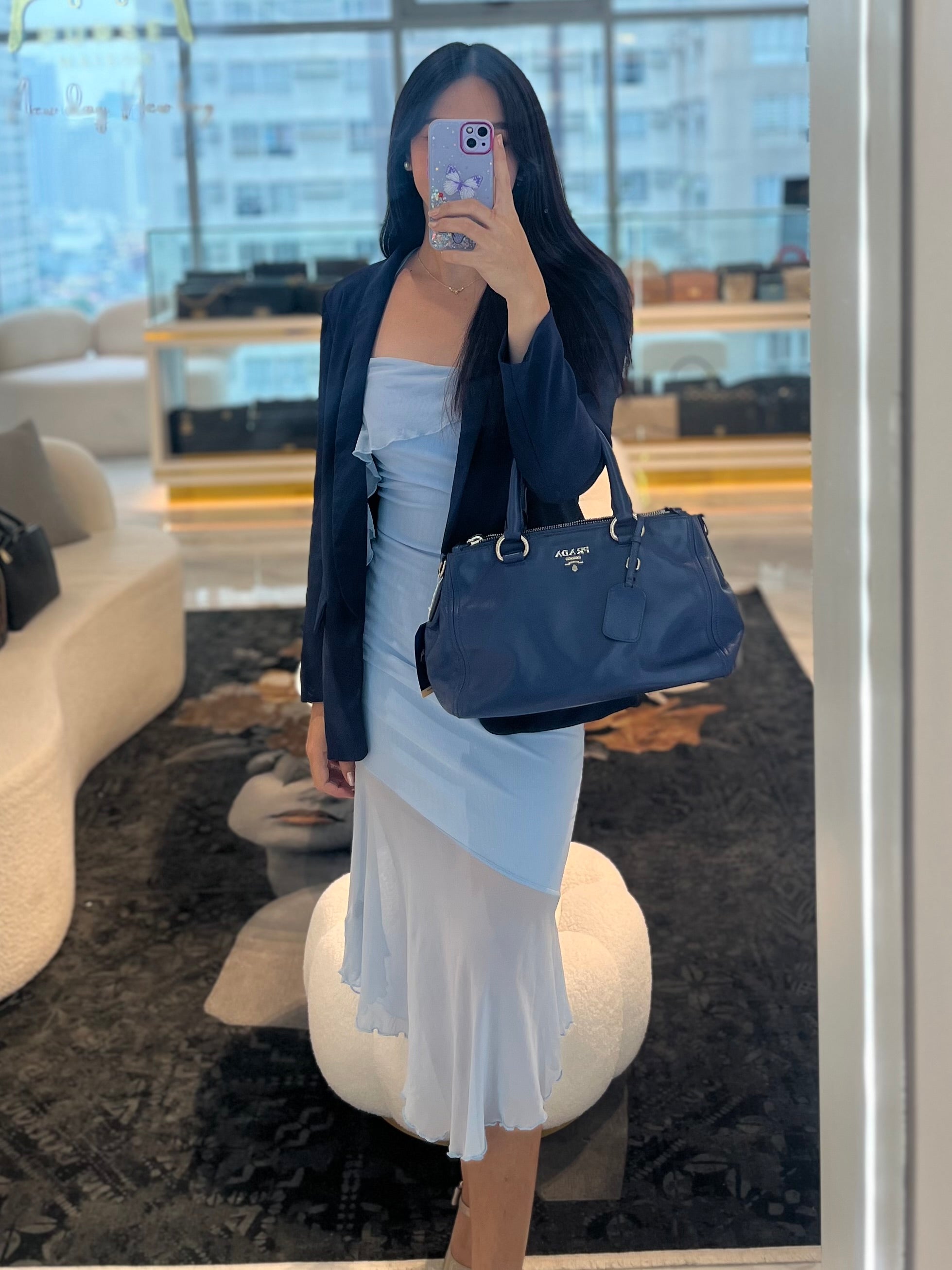 Vitello Daino Blue Soft Calf Leather Two-way Shoulder Bag | Purse Maison Luxury Bags Shop