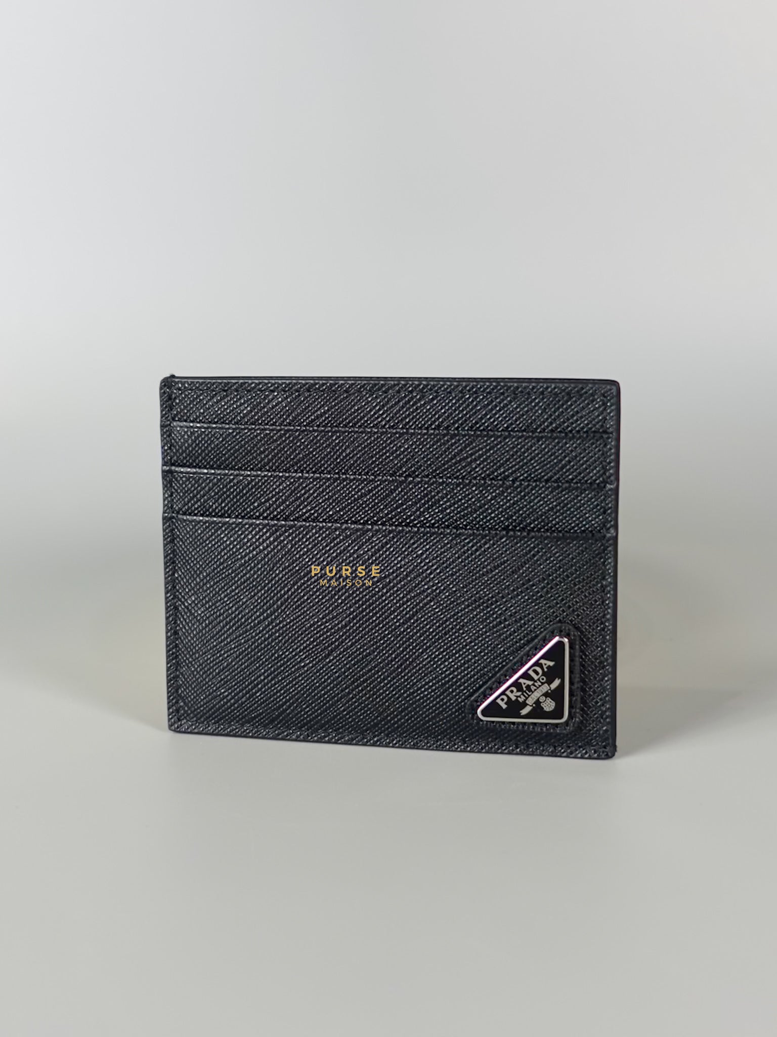 Vitello Micro Grain Triangle Logo Black Card Holder Wallet | Purse Maison Luxury Bags Shop