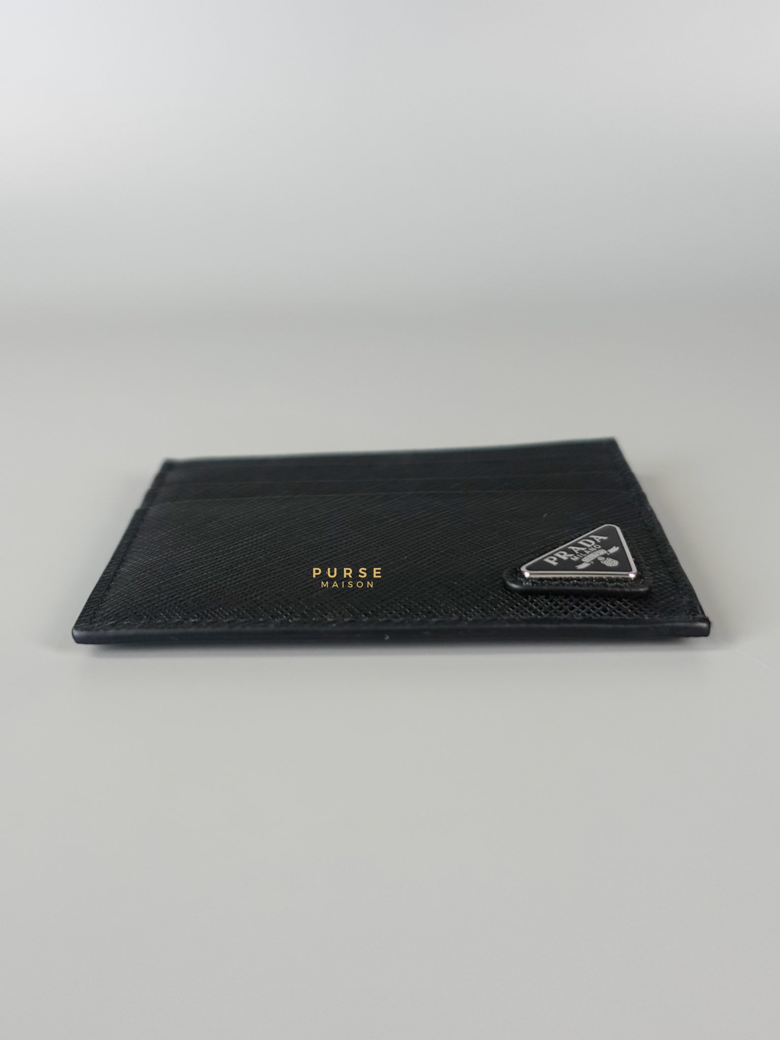 Vitello Micro Grain Triangle Logo Black Card Holder Wallet | Purse Maison Luxury Bags Shop