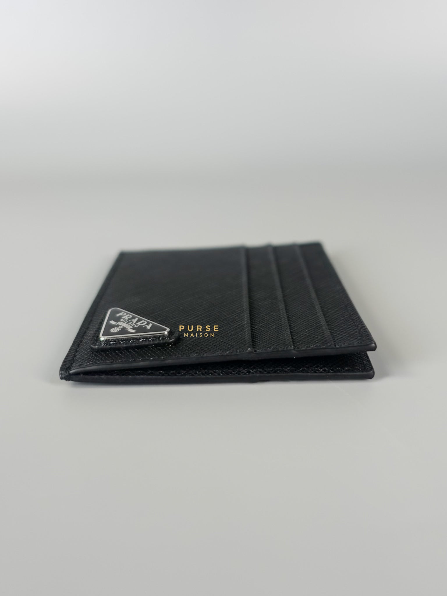 Vitello Micro Grain Triangle Logo Black Card Holder Wallet | Purse Maison Luxury Bags Shop