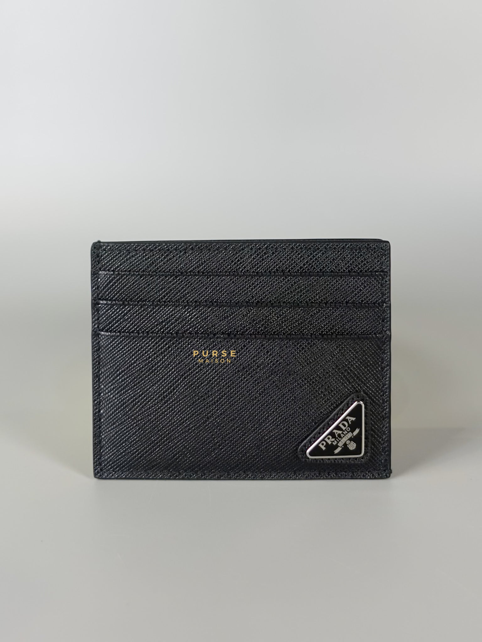 Vitello Micro Grain Triangle Logo Black Card Holder Wallet | Purse Maison Luxury Bags Shop