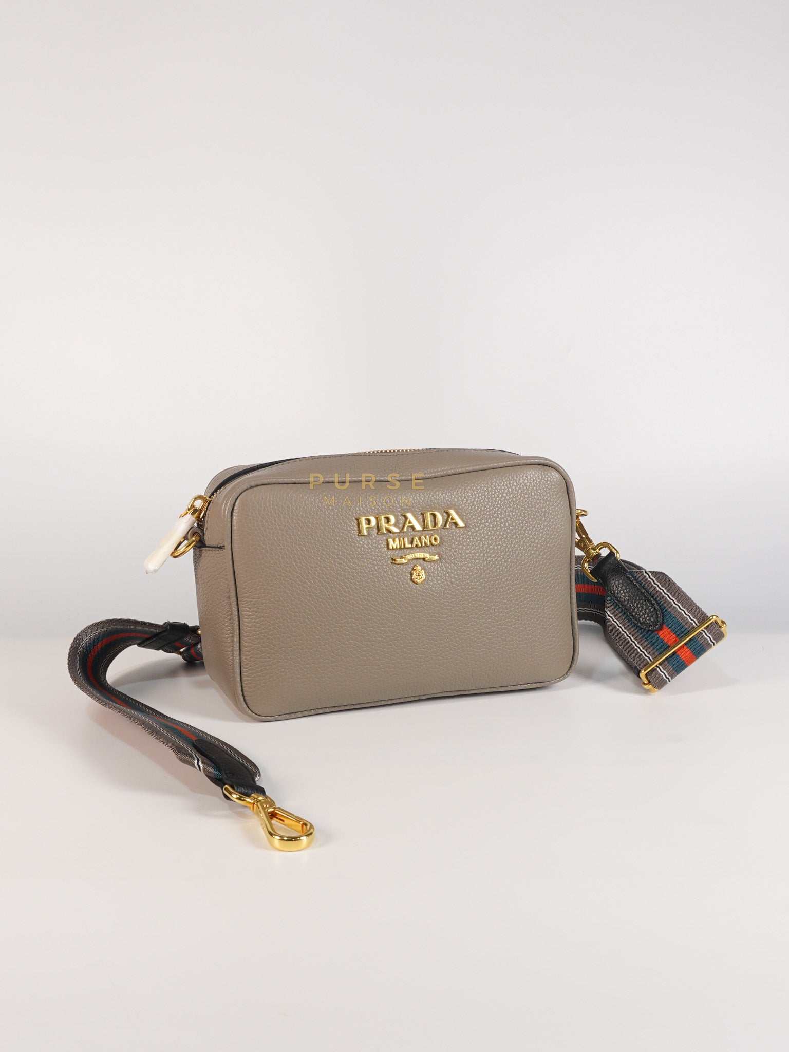 Vitello Phoenix Camera Bag in Gray Calfskin Leather & Gold Hardware | Purse Maison Luxury Bags Shop