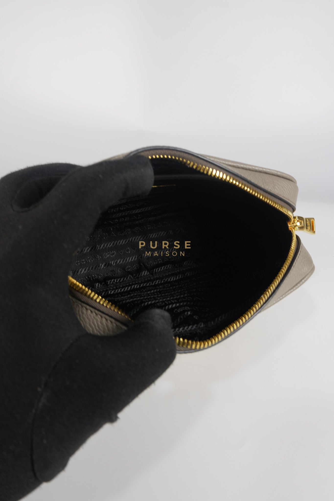 Vitello Phoenix Camera Bag in Gray Calfskin Leather & Gold Hardware | Purse Maison Luxury Bags Shop