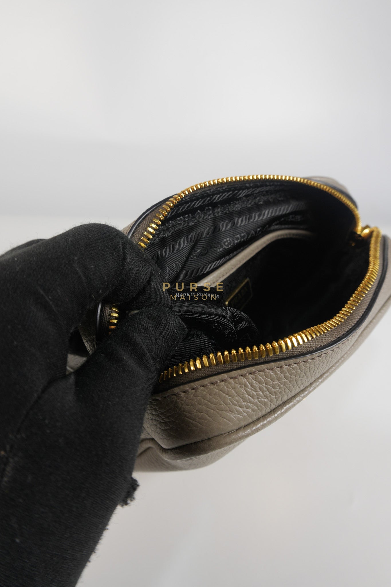 Vitello Phoenix Camera Bag in Gray Calfskin Leather & Gold Hardware | Purse Maison Luxury Bags Shop