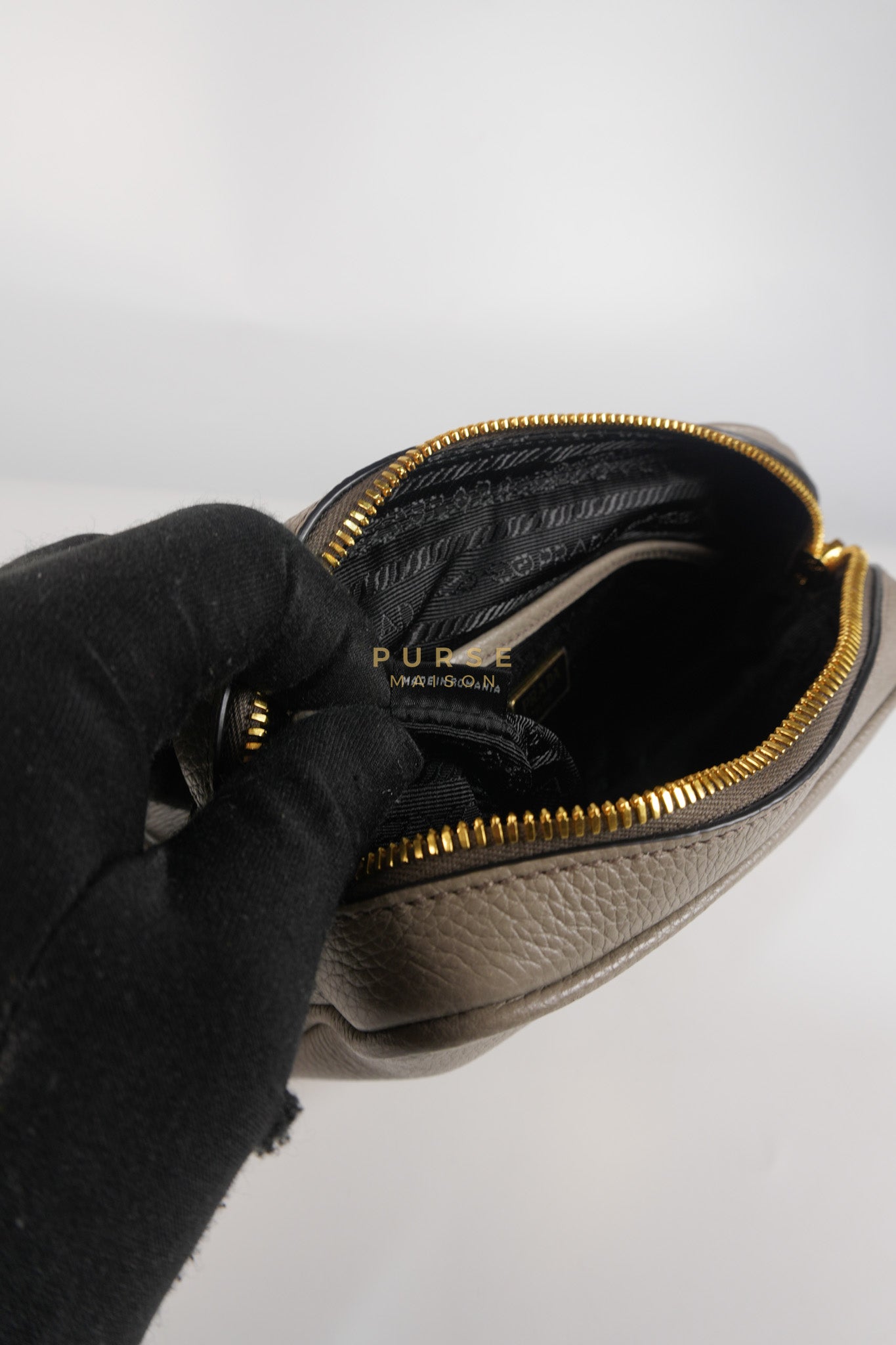 Vitello Phoenix Camera Bag in Gray Calfskin Leather & Gold Hardware | Purse Maison Luxury Bags Shop