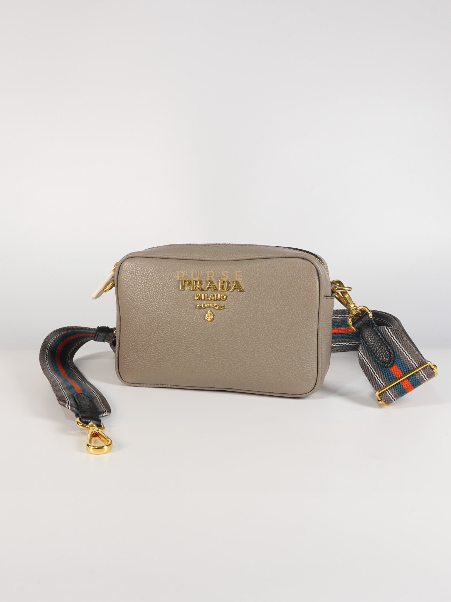 Vitello Phoenix Camera Bag in Gray Calfskin Leather & Gold Hardware | Purse Maison Luxury Bags Shop