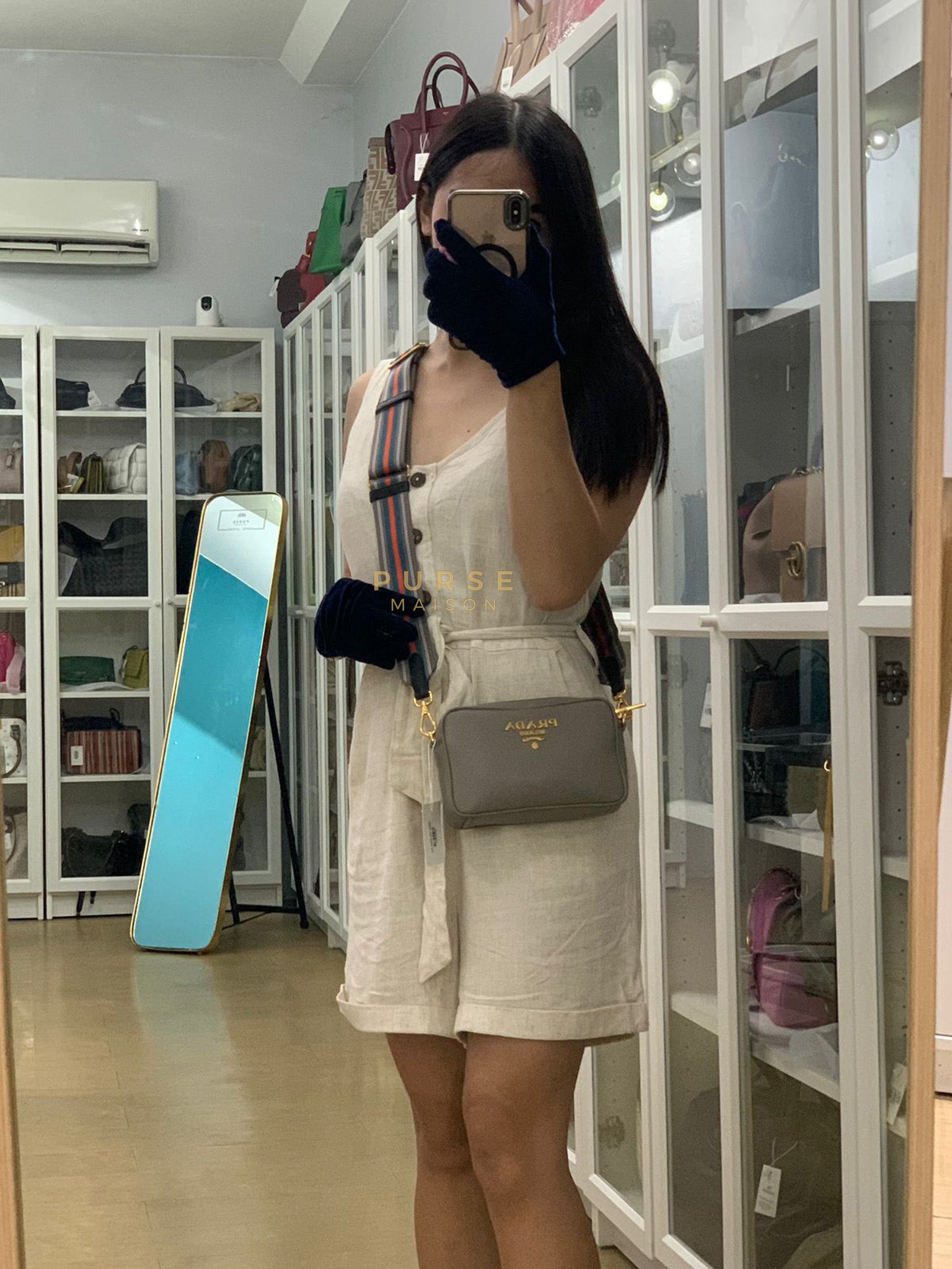 Vitello Phoenix Camera Bag in Gray Calfskin Leather & Gold Hardware | Purse Maison Luxury Bags Shop