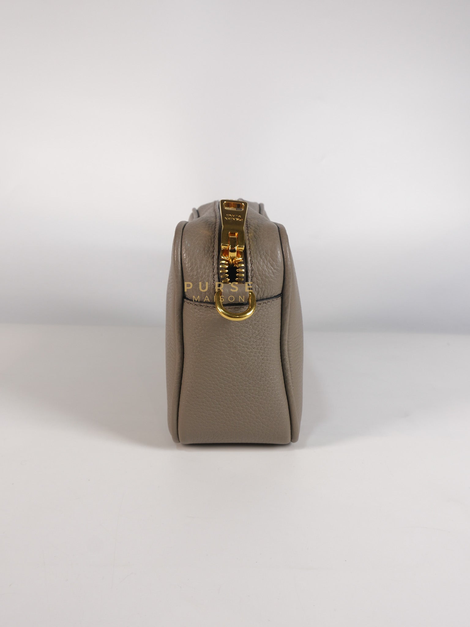 Vitello Phoenix Camera Bag in Gray Calfskin Leather & Gold Hardware | Purse Maison Luxury Bags Shop