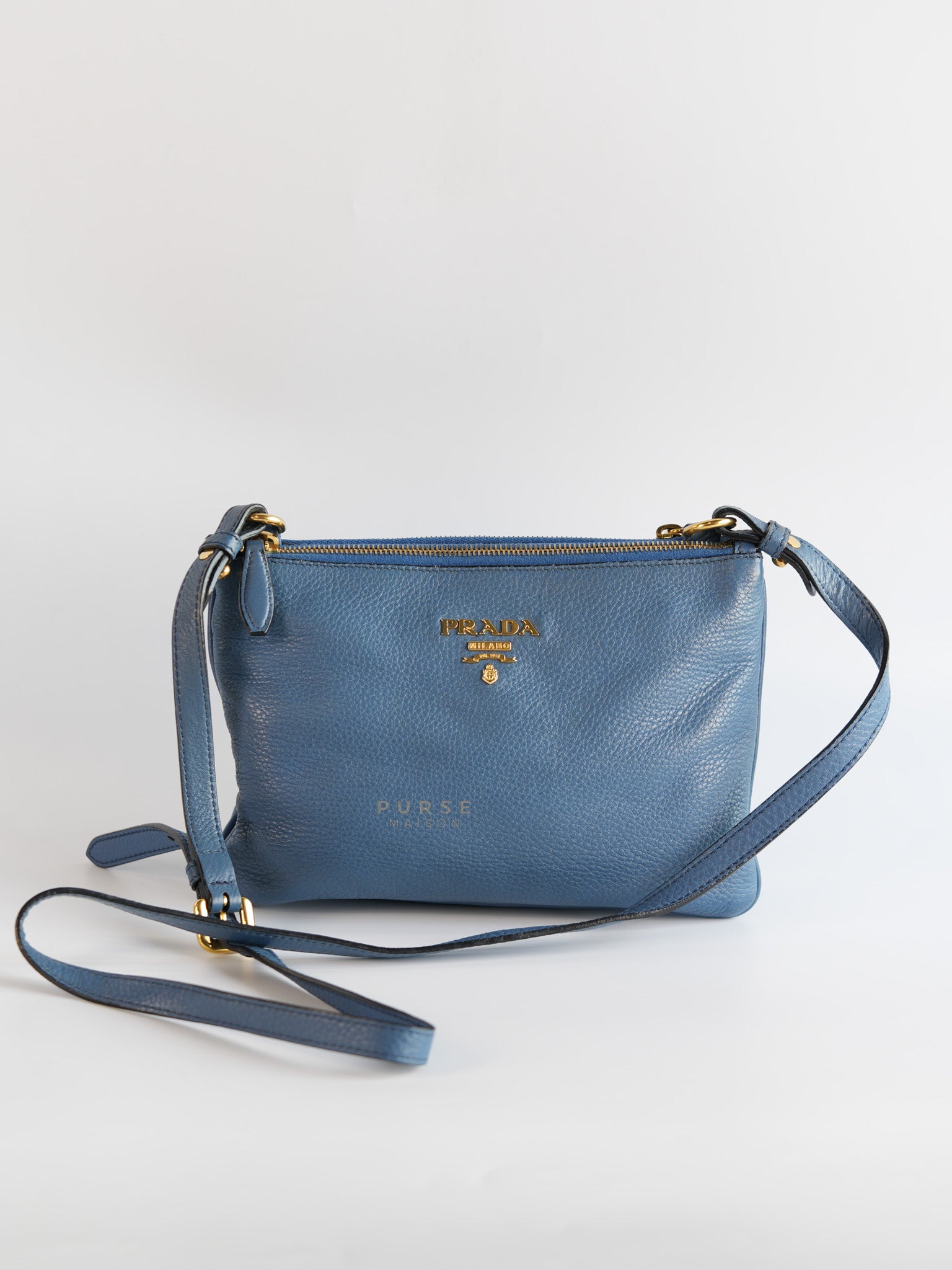 Vitello Phoenix Small Light Blue Leather Double-Zip Crossbody Bag | Purse Maison Luxury Bags Shop