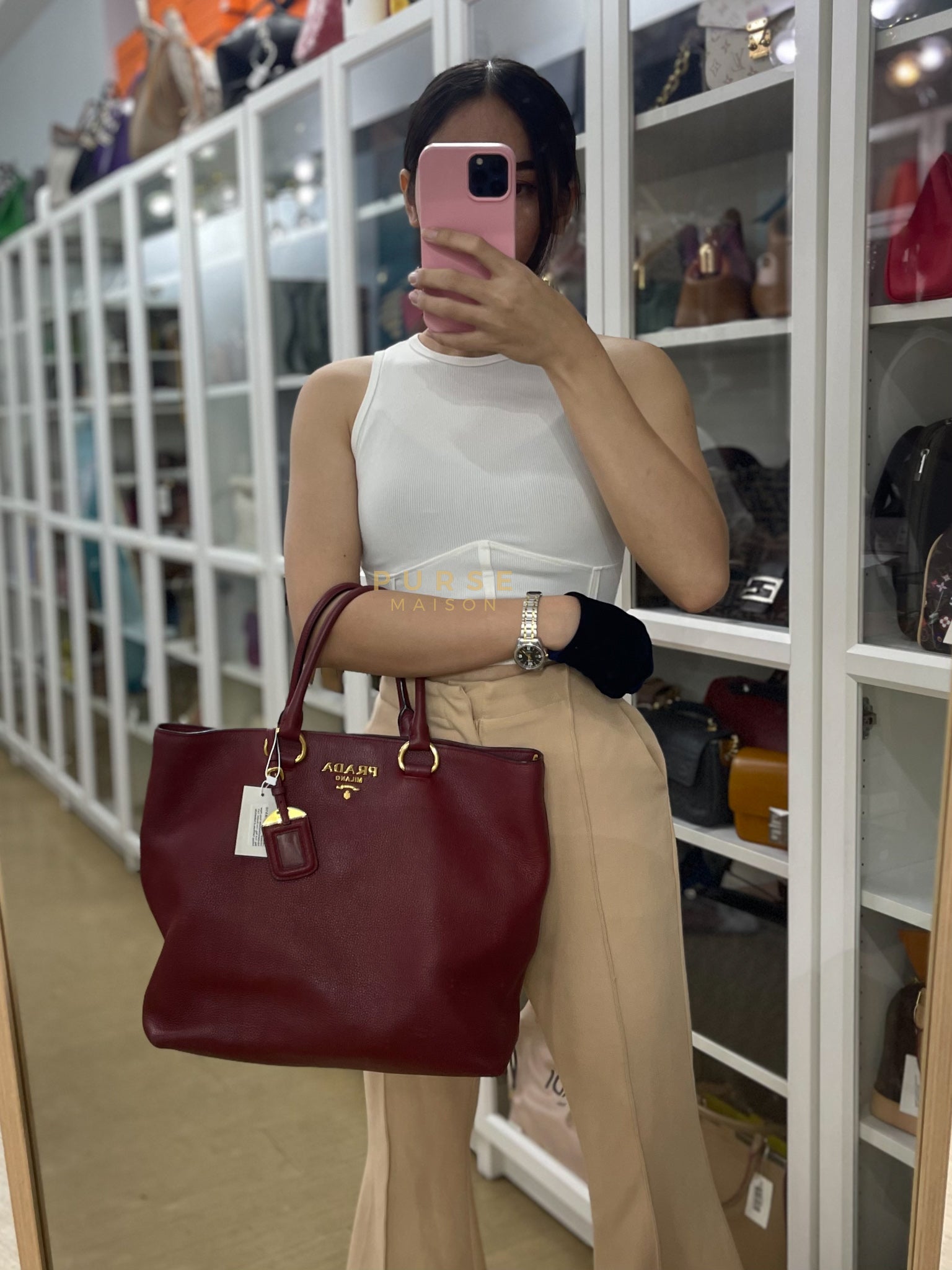 Vitello Tote Bag in Red Grained Calfskin Leather | Purse Maison Luxury Bags Shop