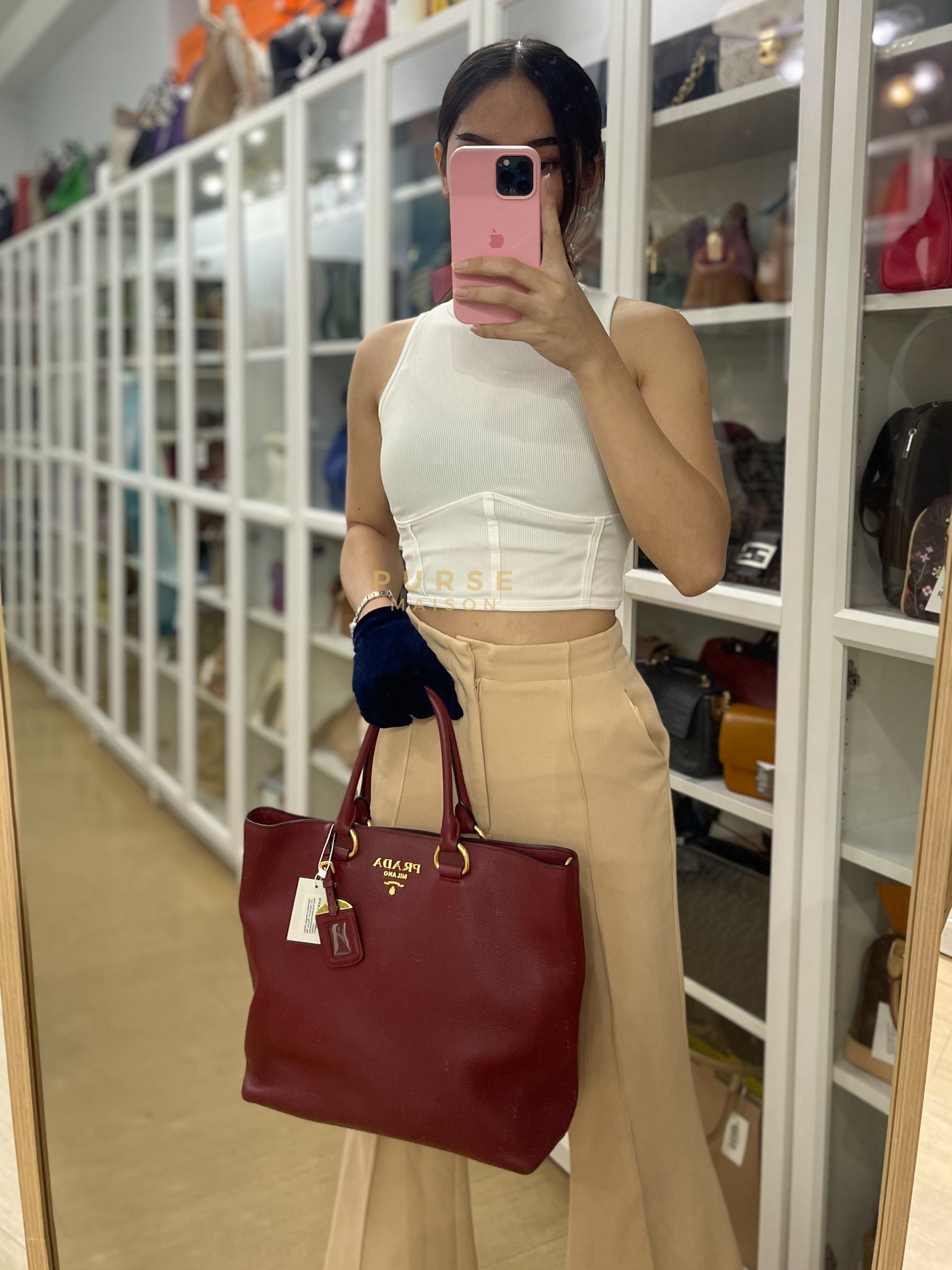 Vitello Tote Bag in Red Grained Calfskin Leather | Purse Maison Luxury Bags Shop