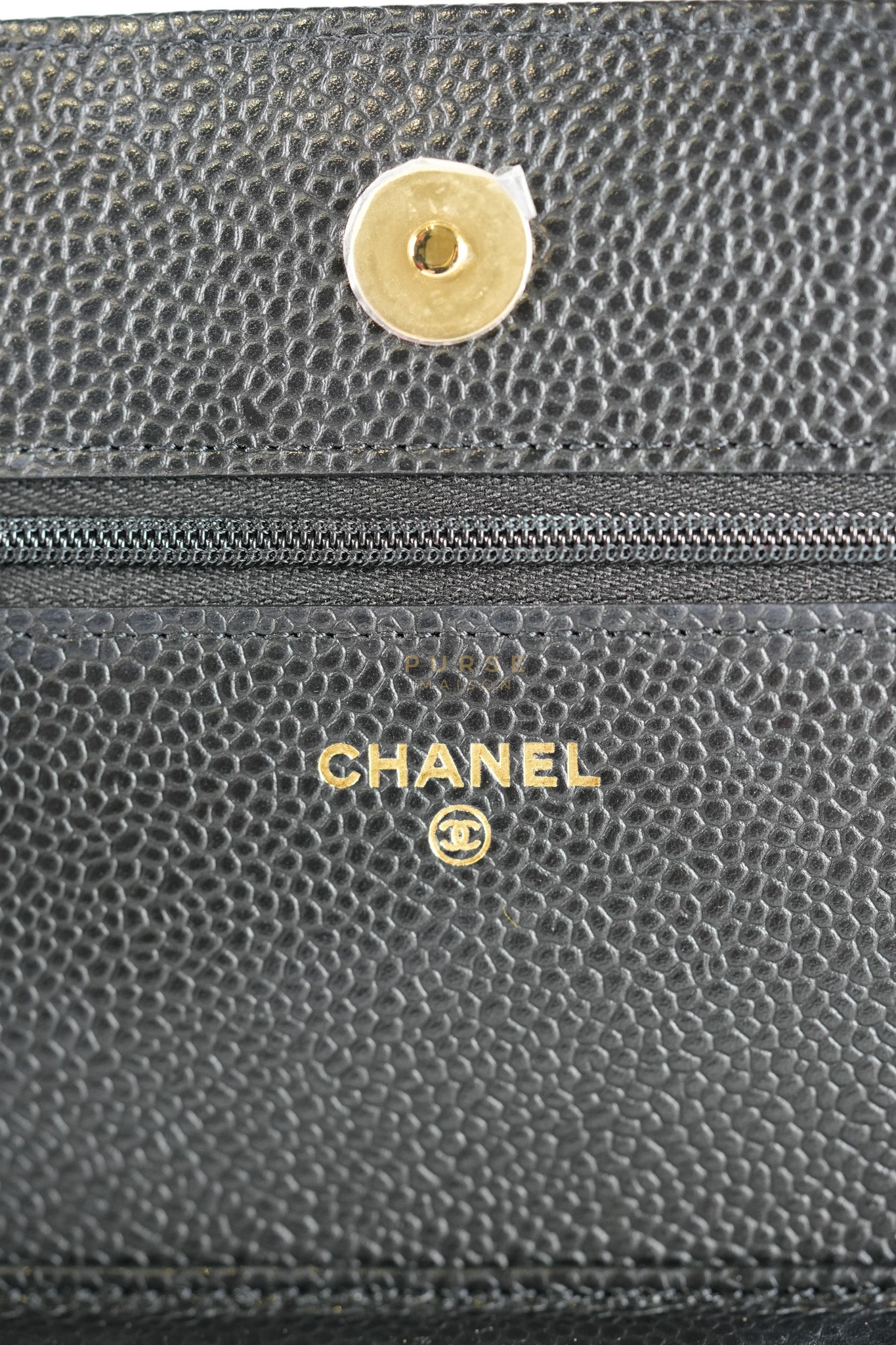 Wallet On Chain in Black Caviar Leather Gold Hardware (Microchip) | Purse Maison Luxury Bags Shop