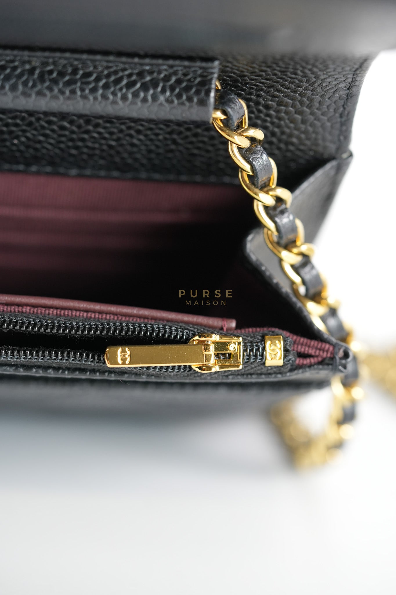 Wallet On Chain in Black Caviar Leather Gold Hardware (Microchip) | Purse Maison Luxury Bags Shop