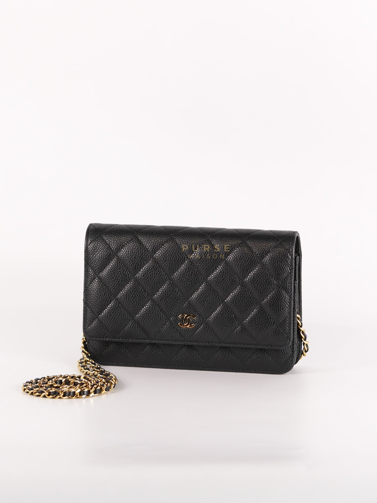 Wallet On Chain in Black Caviar Leather Gold Hardware (Microchip) | Purse Maison Luxury Bags Shop