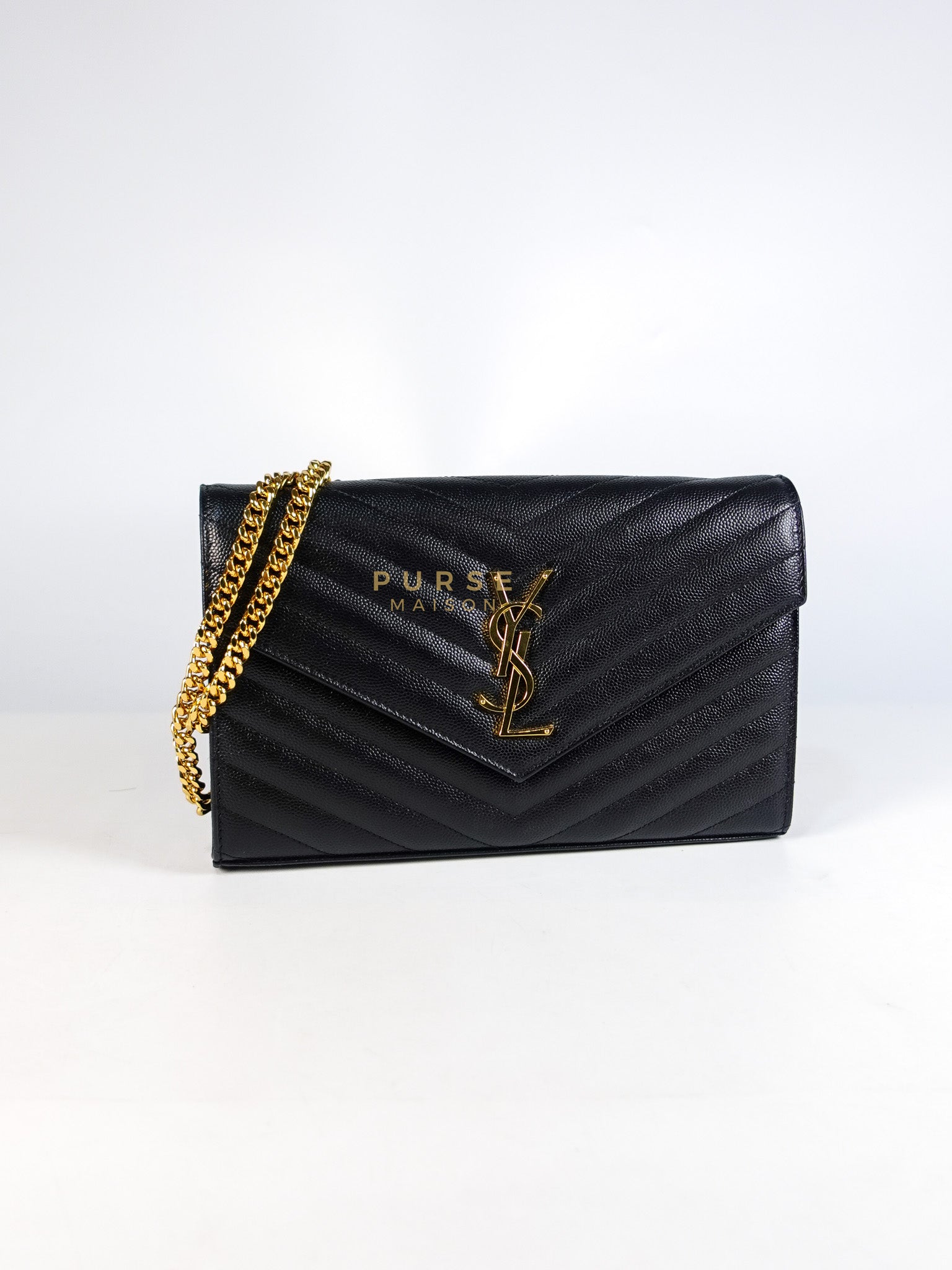 Wallet on Chain in Black Chevron Matelasse Leather & Gold Hardware | Purse Maison Luxury Bags Shop