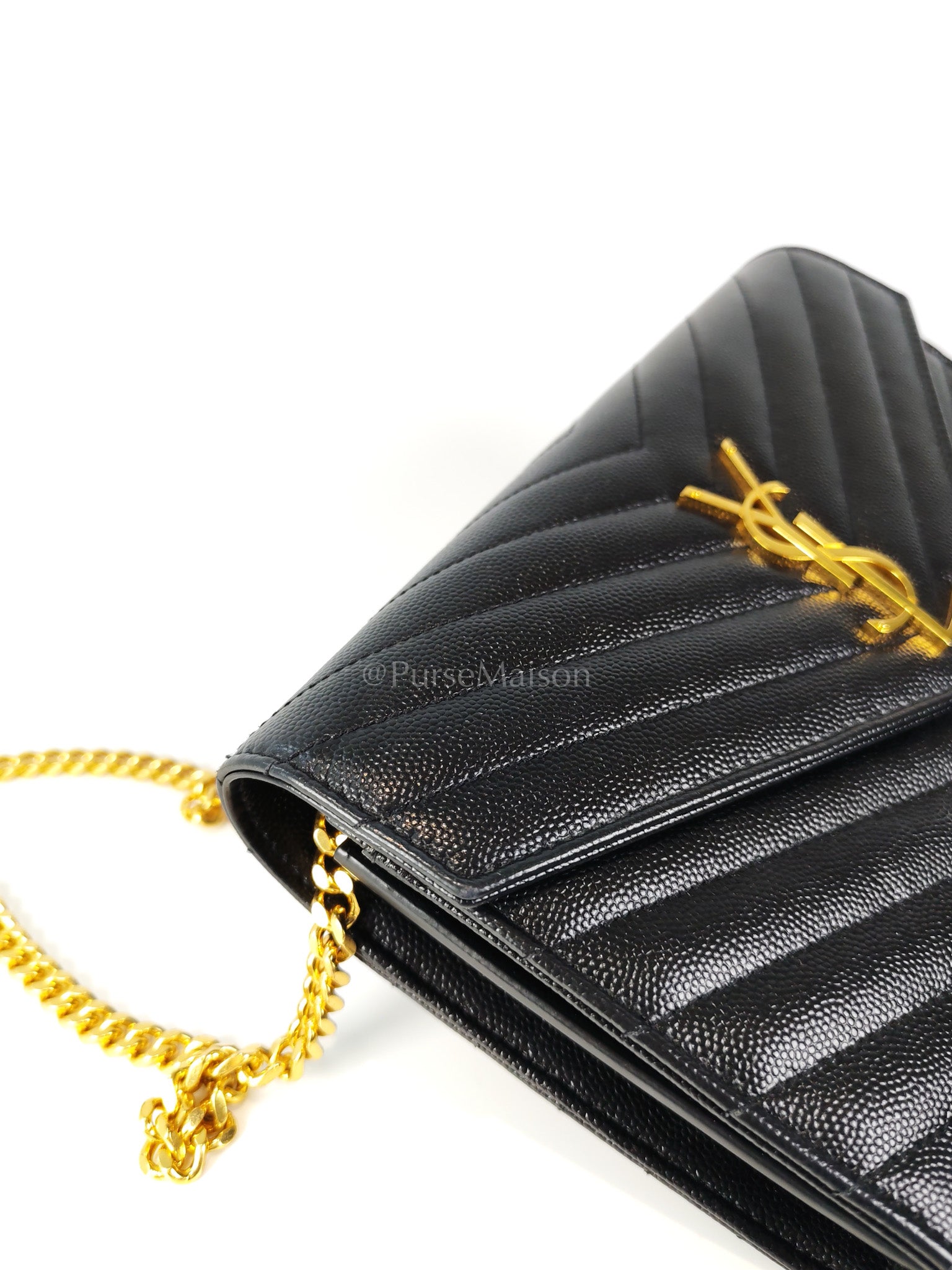 Wallet on Chain in Black Chevron Matelasse Leather & Gold Hardware | Purse Maison Luxury Bags Shop
