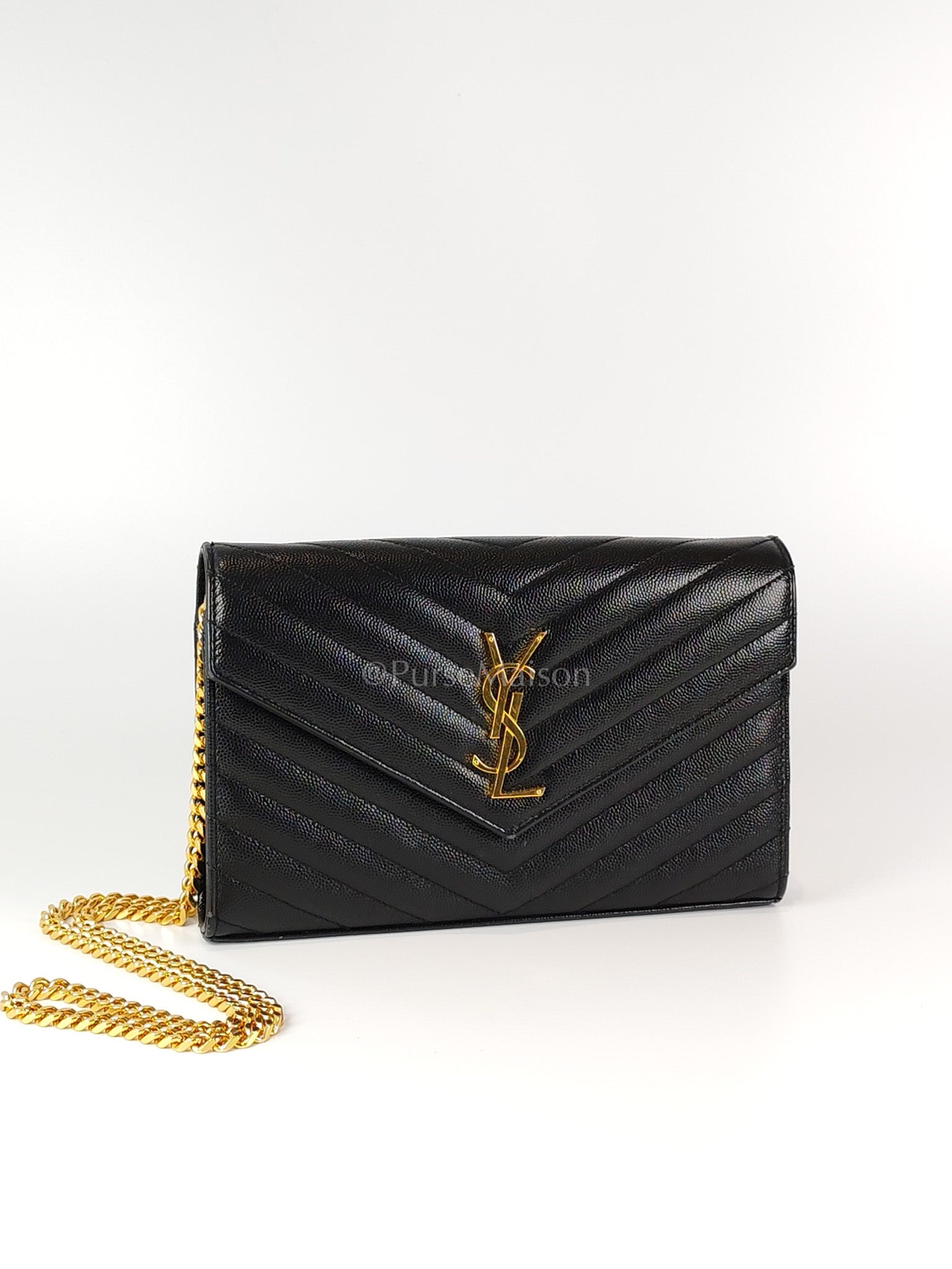Wallet on Chain in Black Chevron Matelasse Leather & Gold Hardware | Purse Maison Luxury Bags Shop