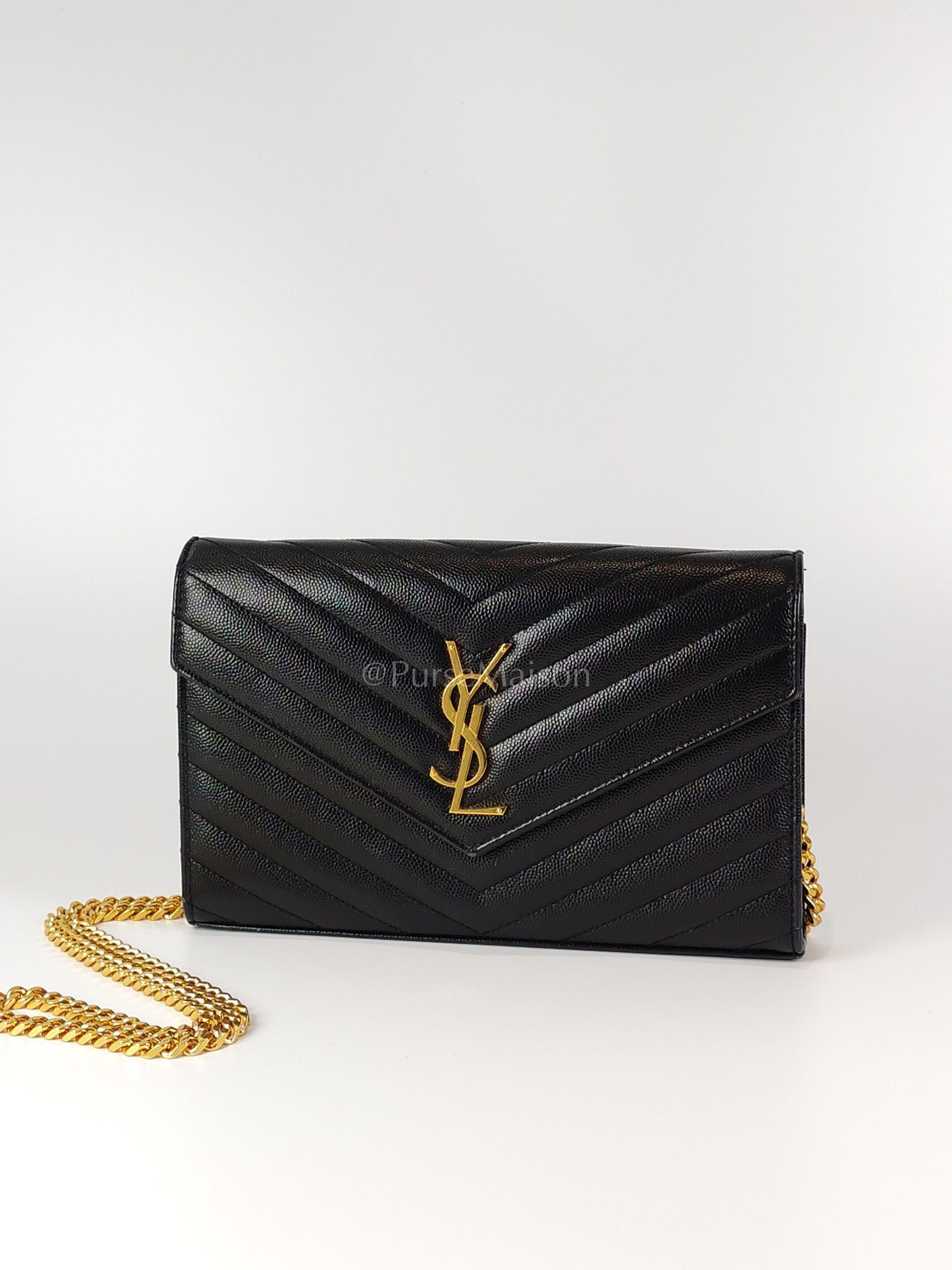 Wallet on Chain in Black Chevron Matelasse Leather & Gold Hardware | Purse Maison Luxury Bags Shop