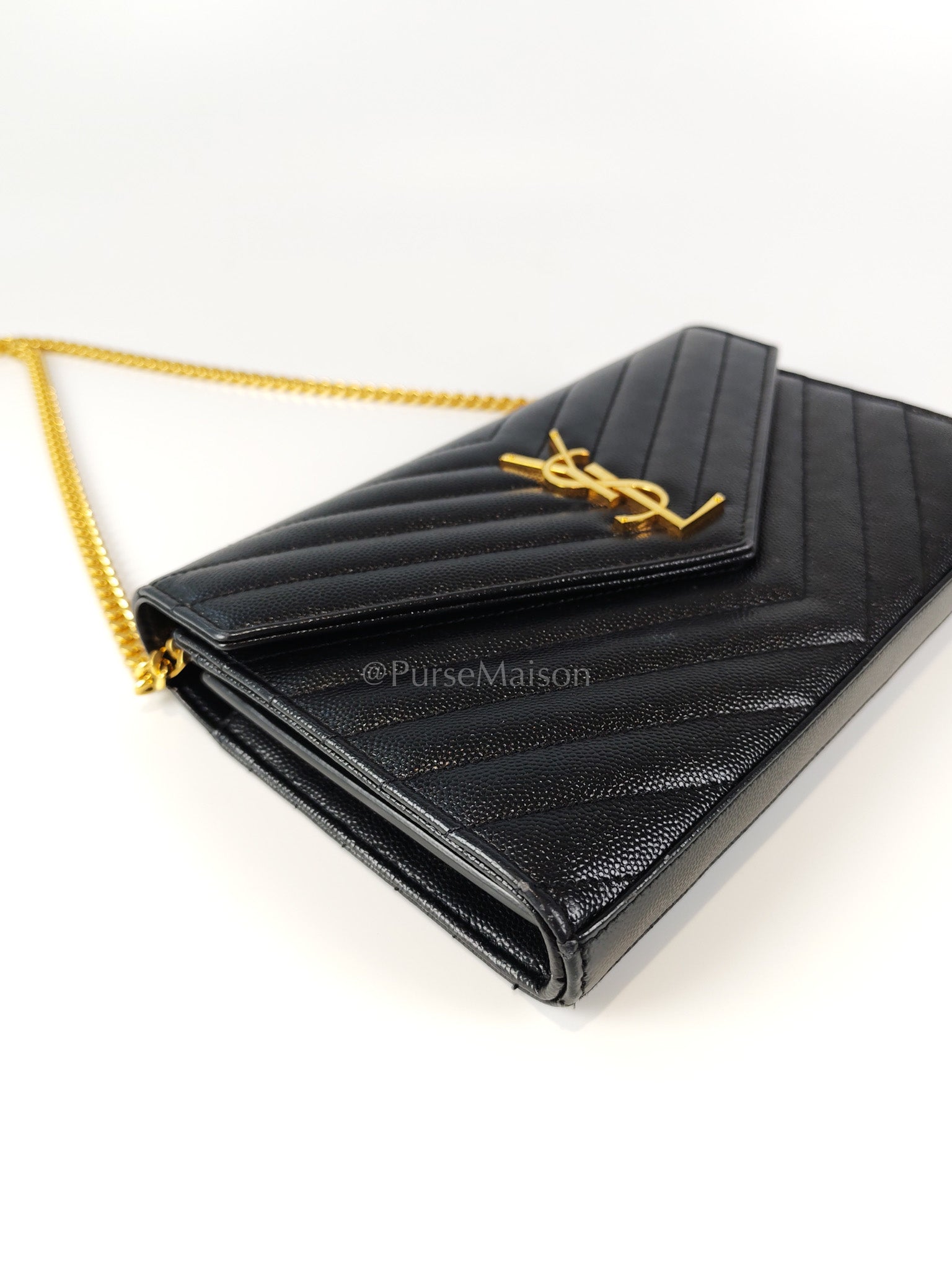 Wallet on Chain in Black Chevron Matelasse Leather & Gold Hardware | Purse Maison Luxury Bags Shop