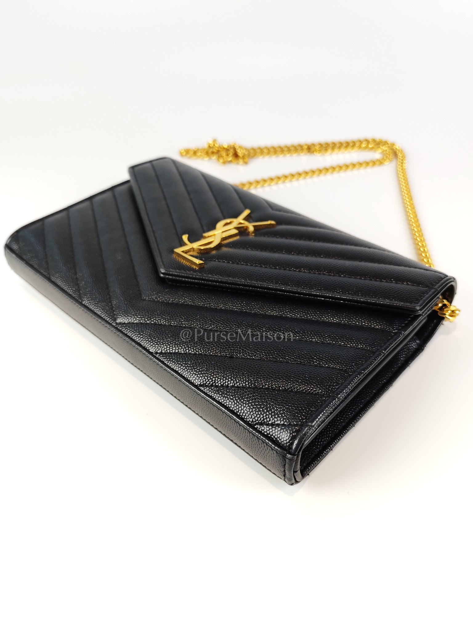 Wallet on Chain in Black Chevron Matelasse Leather & Gold Hardware | Purse Maison Luxury Bags Shop