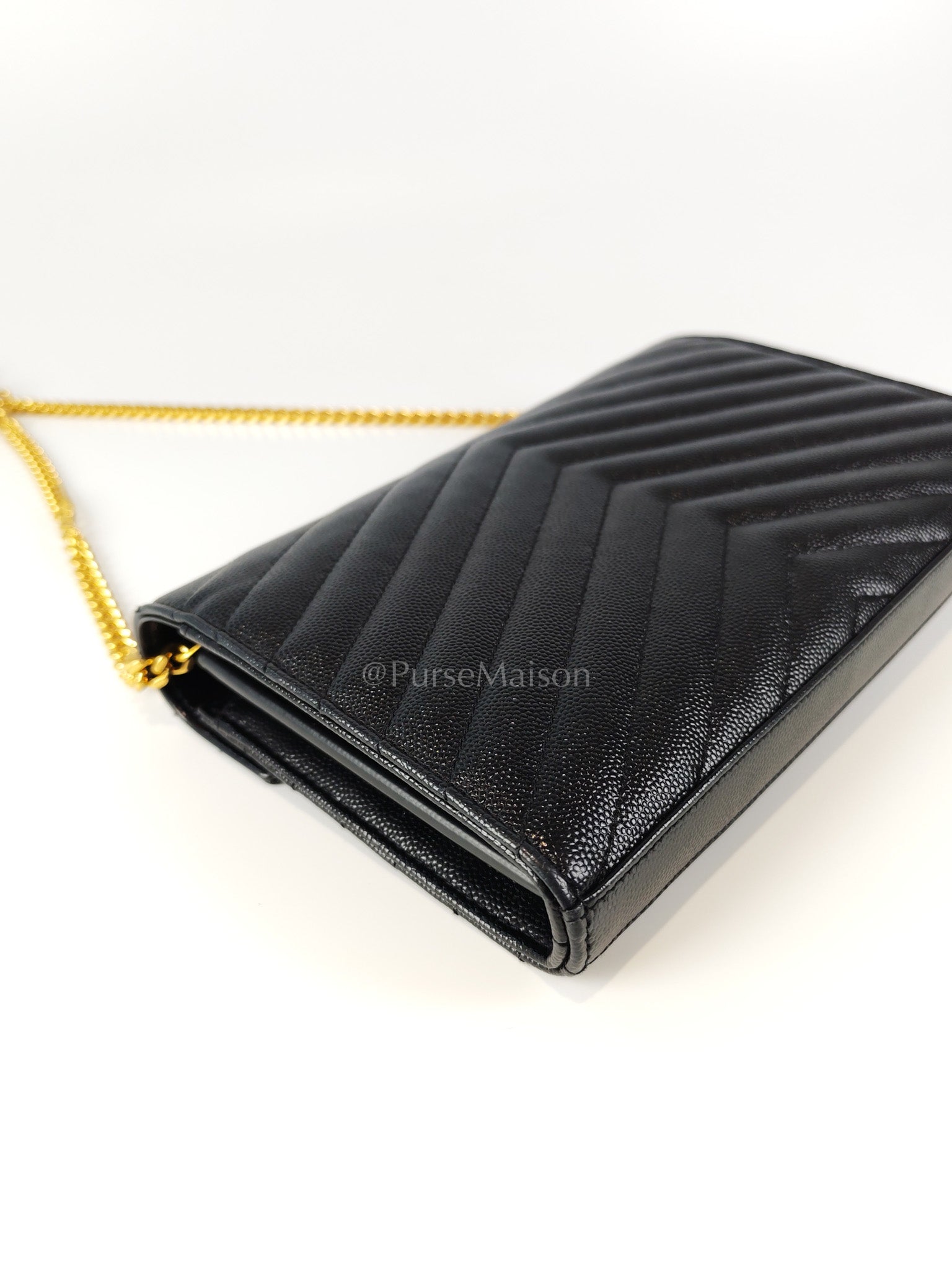 Wallet on Chain in Black Chevron Matelasse Leather & Gold Hardware | Purse Maison Luxury Bags Shop