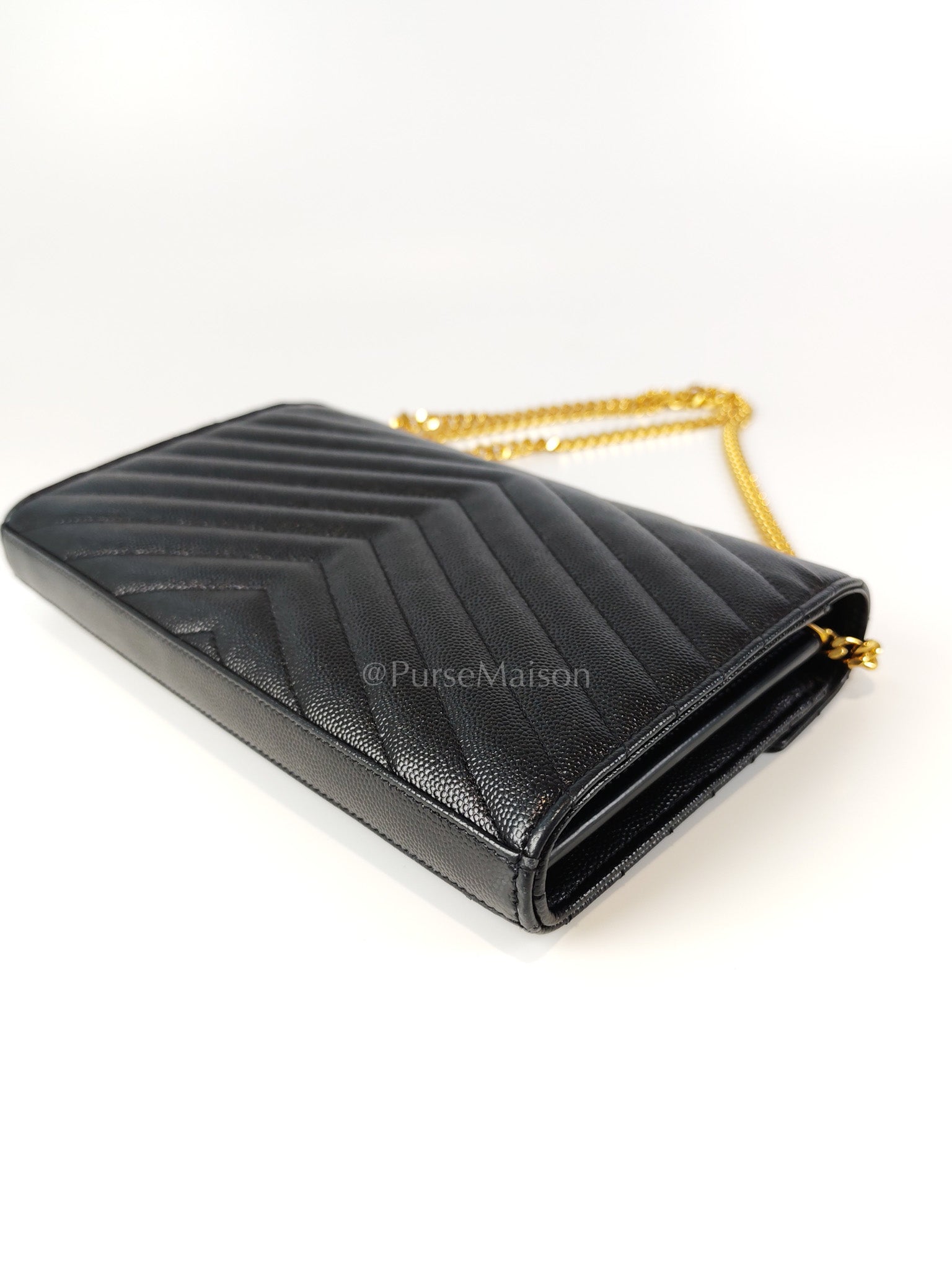 Wallet on Chain in Black Chevron Matelasse Leather & Gold Hardware | Purse Maison Luxury Bags Shop