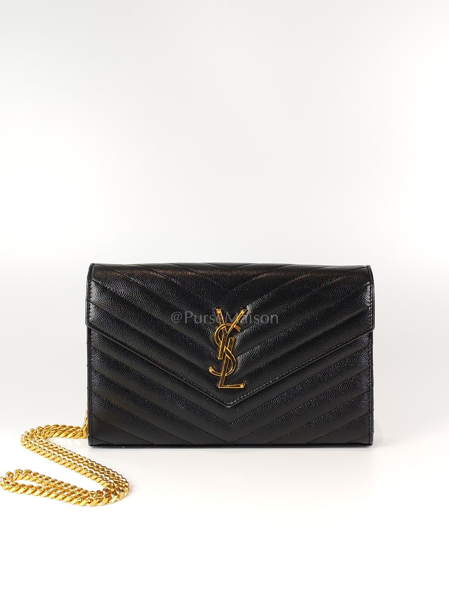 Wallet on Chain in Black Chevron Matelasse Leather & Gold Hardware | Purse Maison Luxury Bags Shop