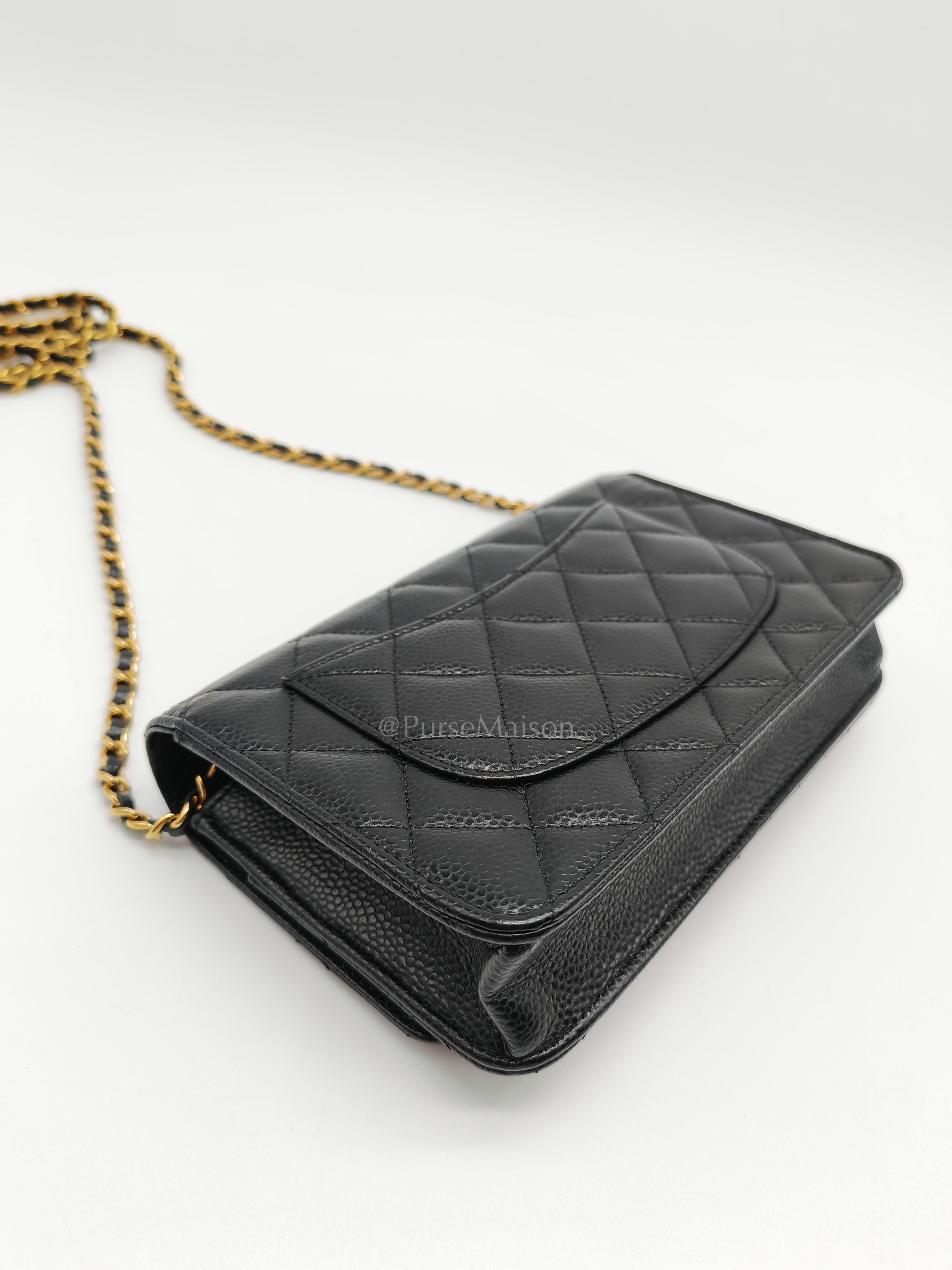 Wallet on Chain in Black Quilted Caviar Leather and Gold Hardware Microchip | Purse Maison Luxury Bags Shop