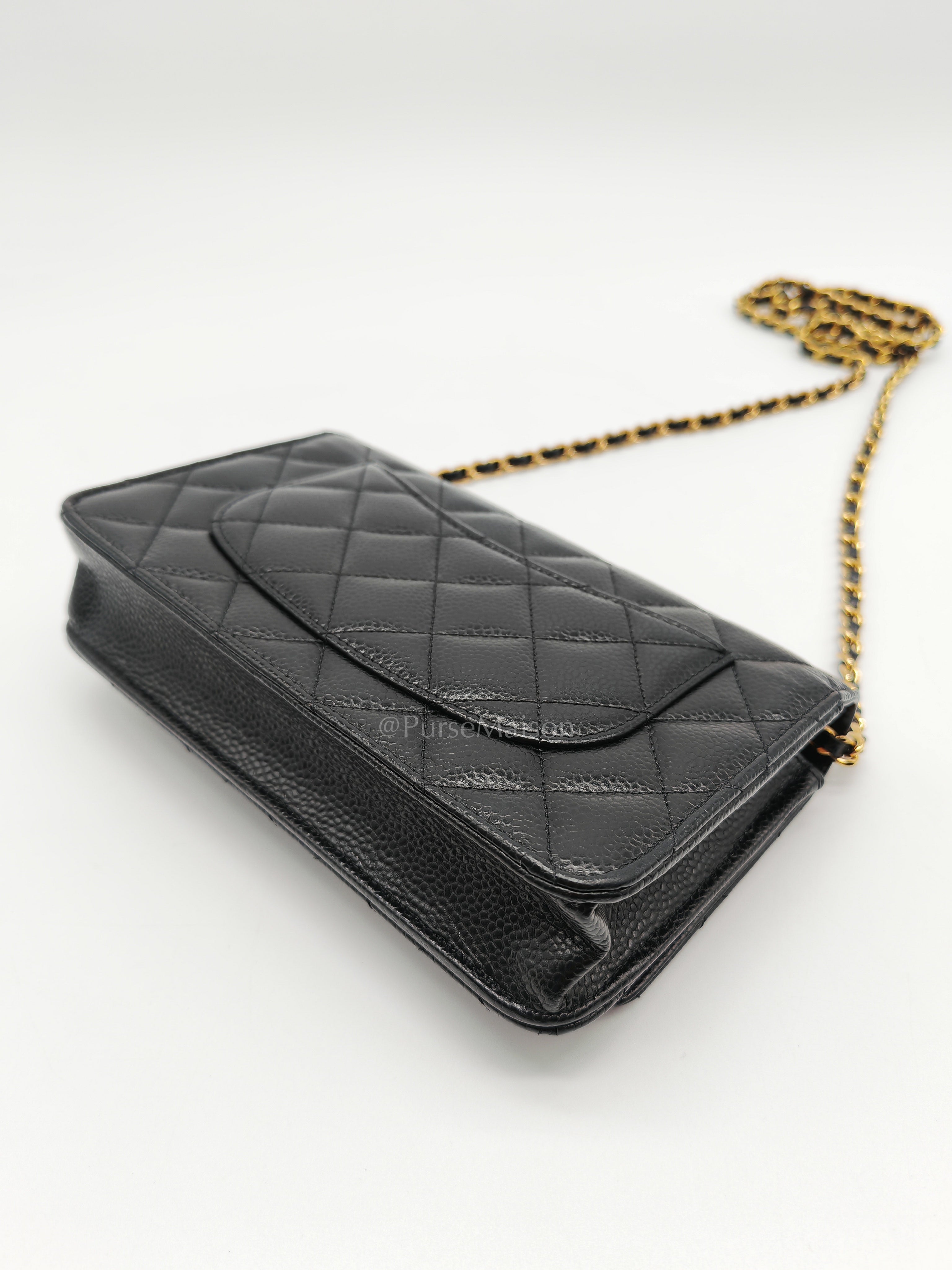 Wallet on Chain in Black Quilted Caviar Leather and Gold Hardware Microchip | Purse Maison Luxury Bags Shop