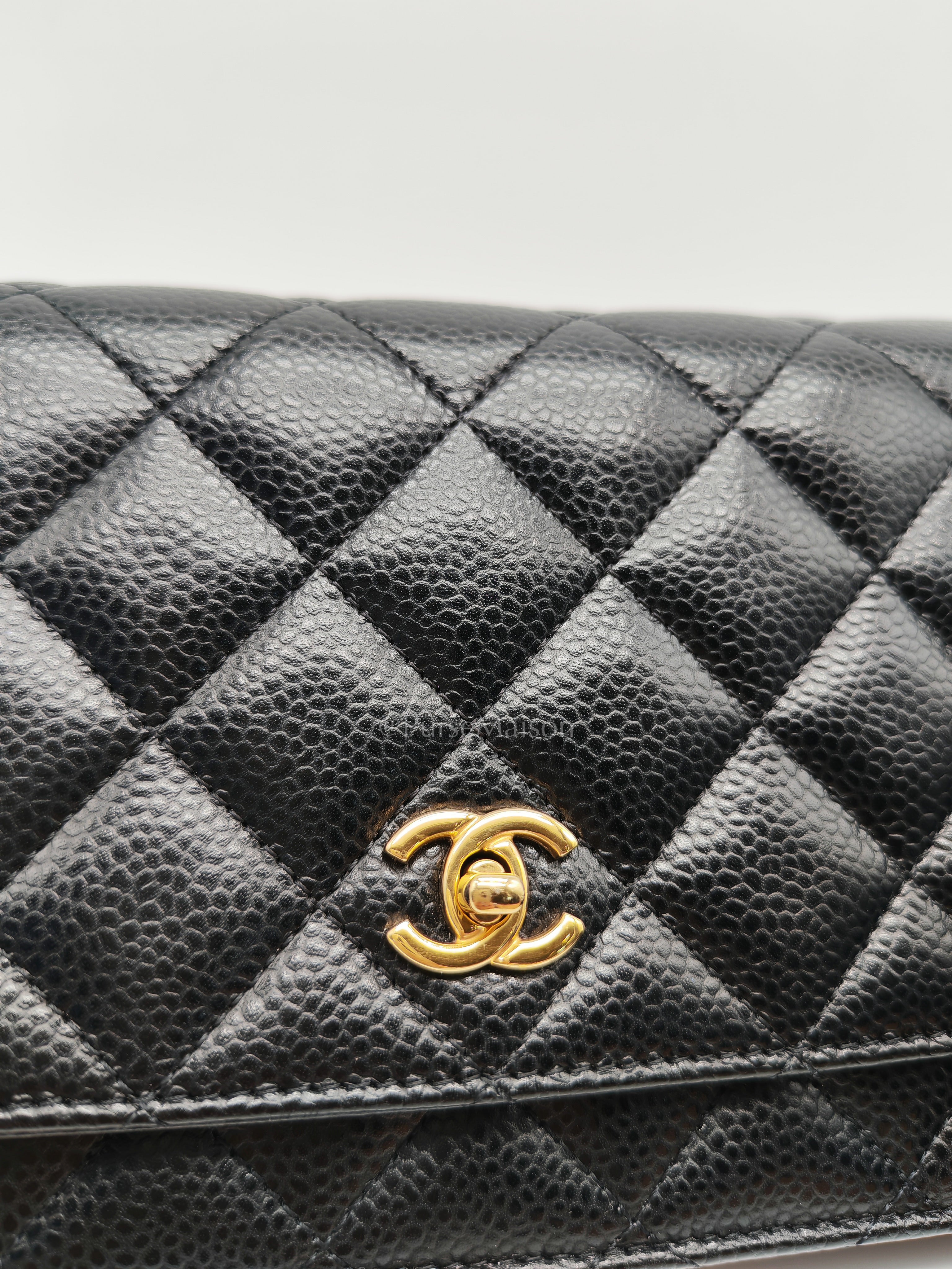 Wallet on Chain in Black Quilted Caviar Leather and Gold Hardware Microchip | Purse Maison Luxury Bags Shop