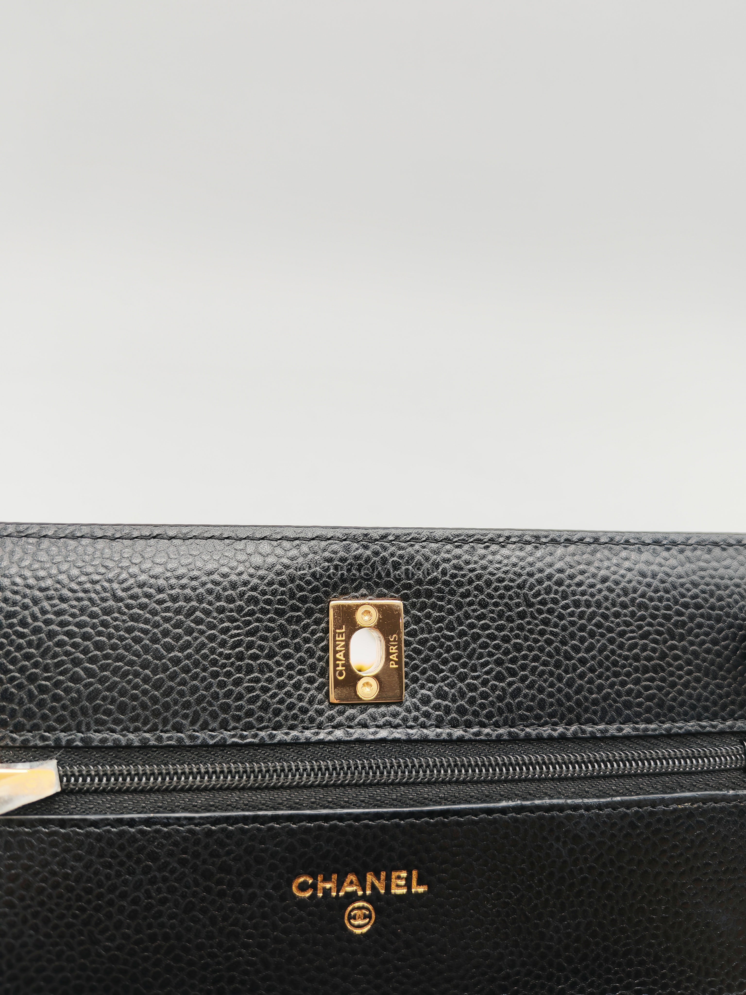 Wallet on Chain in Black Quilted Caviar Leather and Gold Hardware Microchip | Purse Maison Luxury Bags Shop