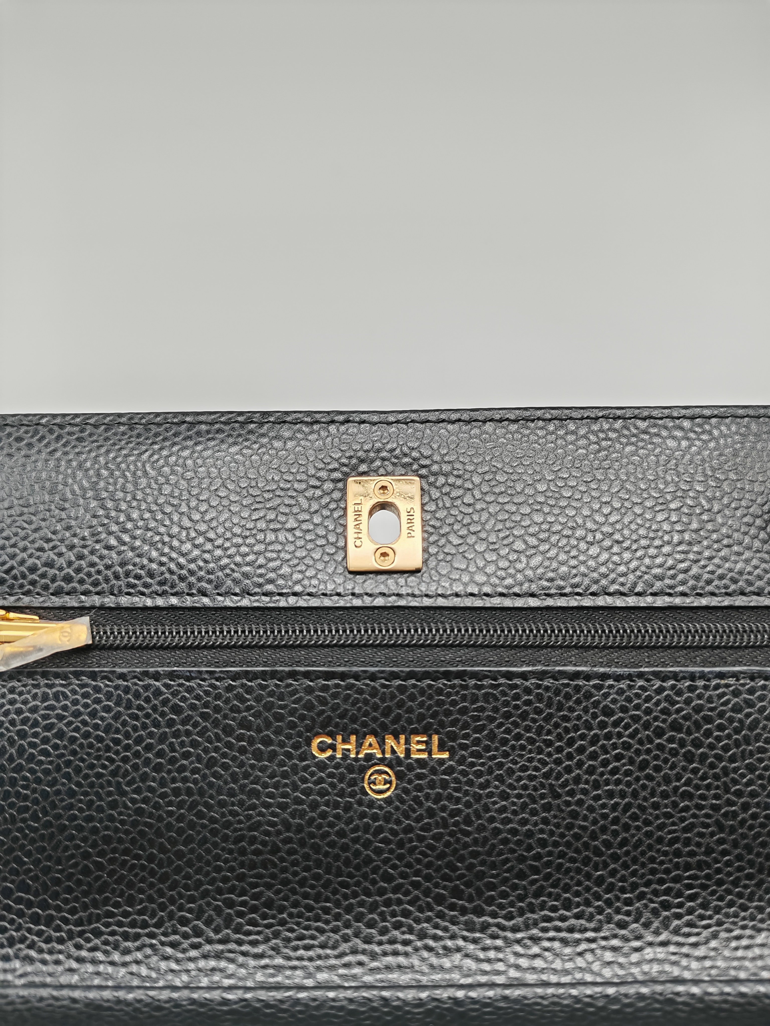 Wallet on Chain in Black Quilted Caviar Leather and Gold Hardware Microchip | Purse Maison Luxury Bags Shop