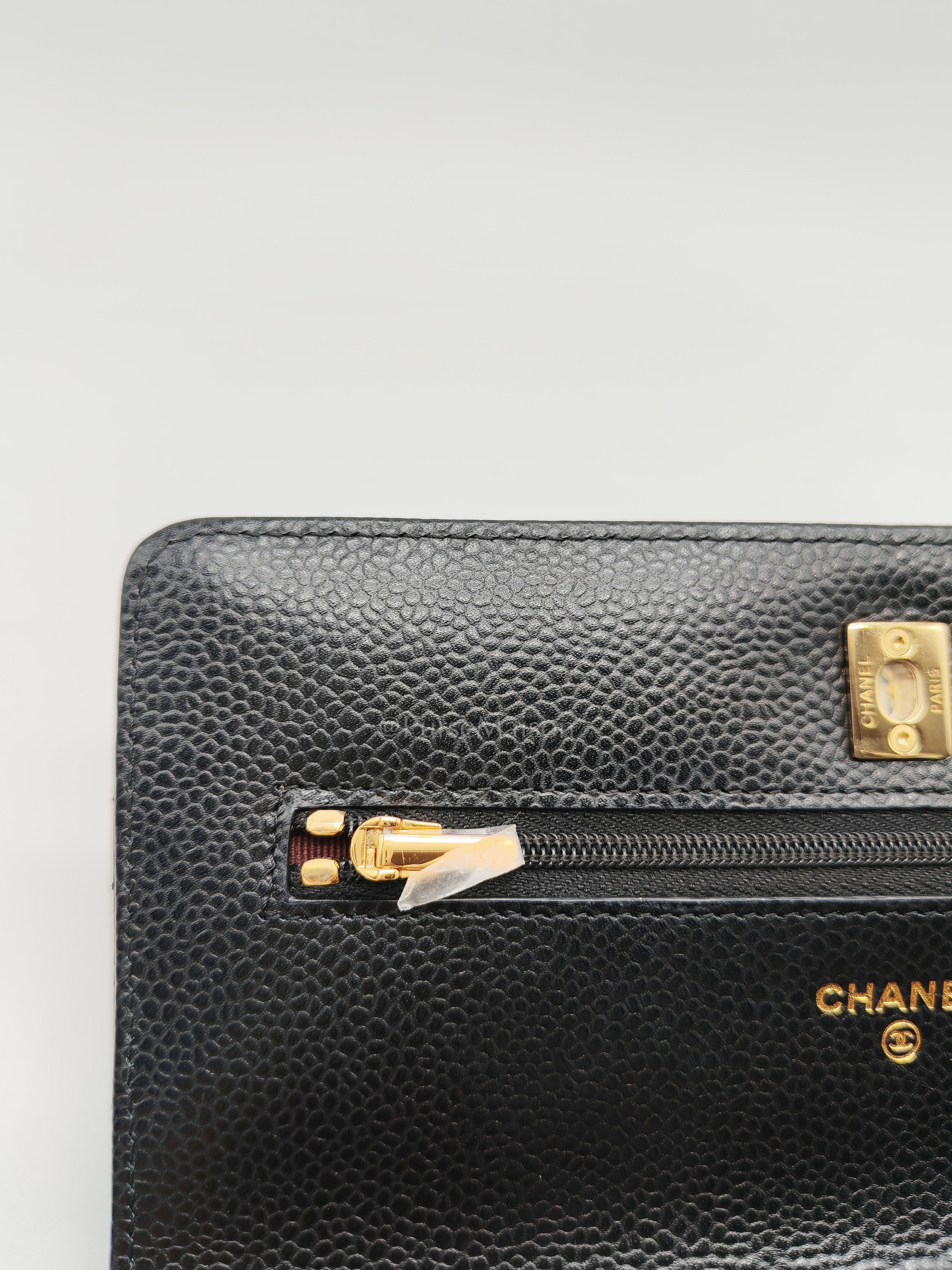 Wallet on Chain in Black Quilted Caviar Leather and Gold Hardware Microchip | Purse Maison Luxury Bags Shop