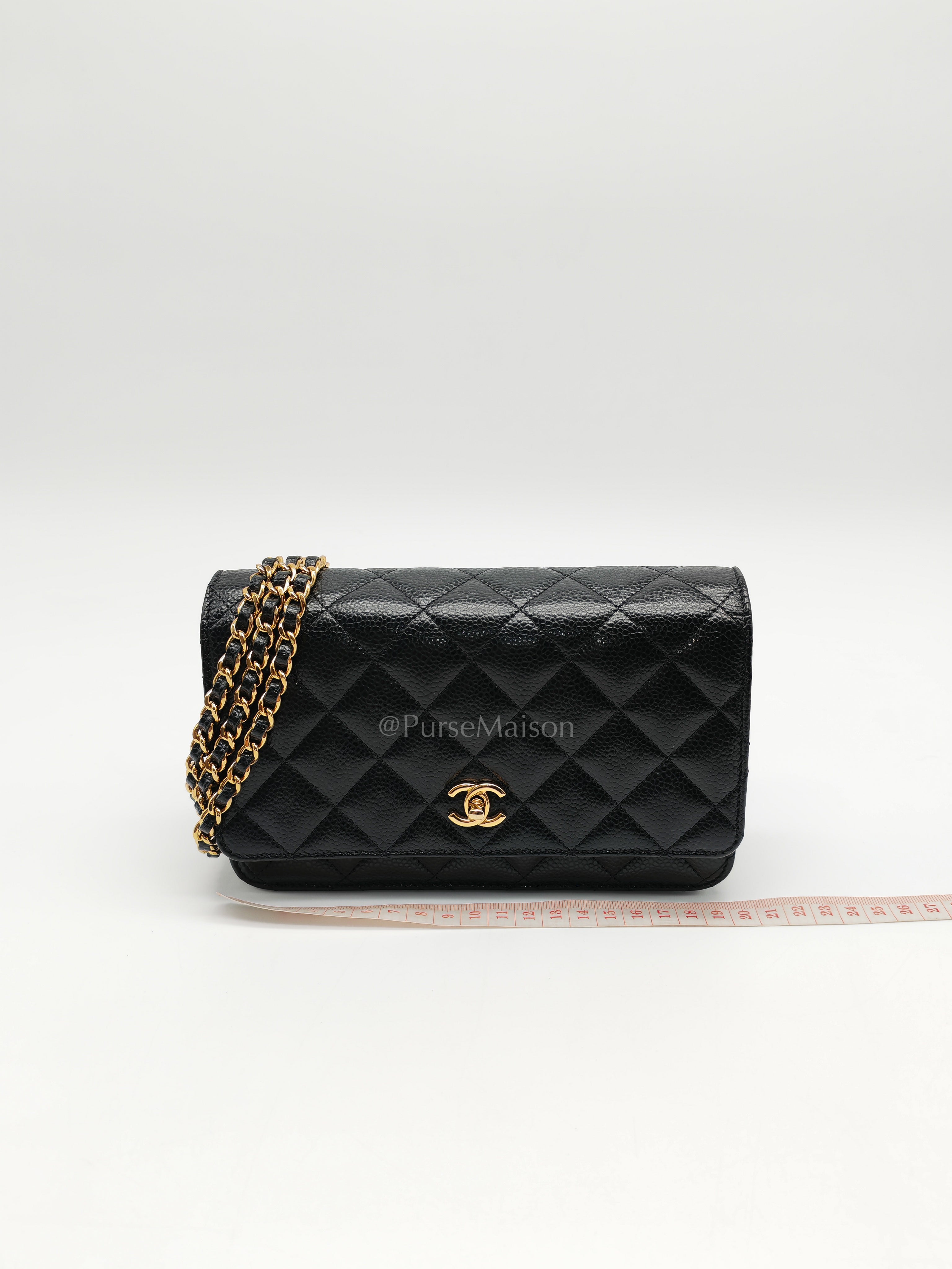 Wallet on Chain in Black Quilted Caviar Leather and Gold Hardware Microchip | Purse Maison Luxury Bags Shop