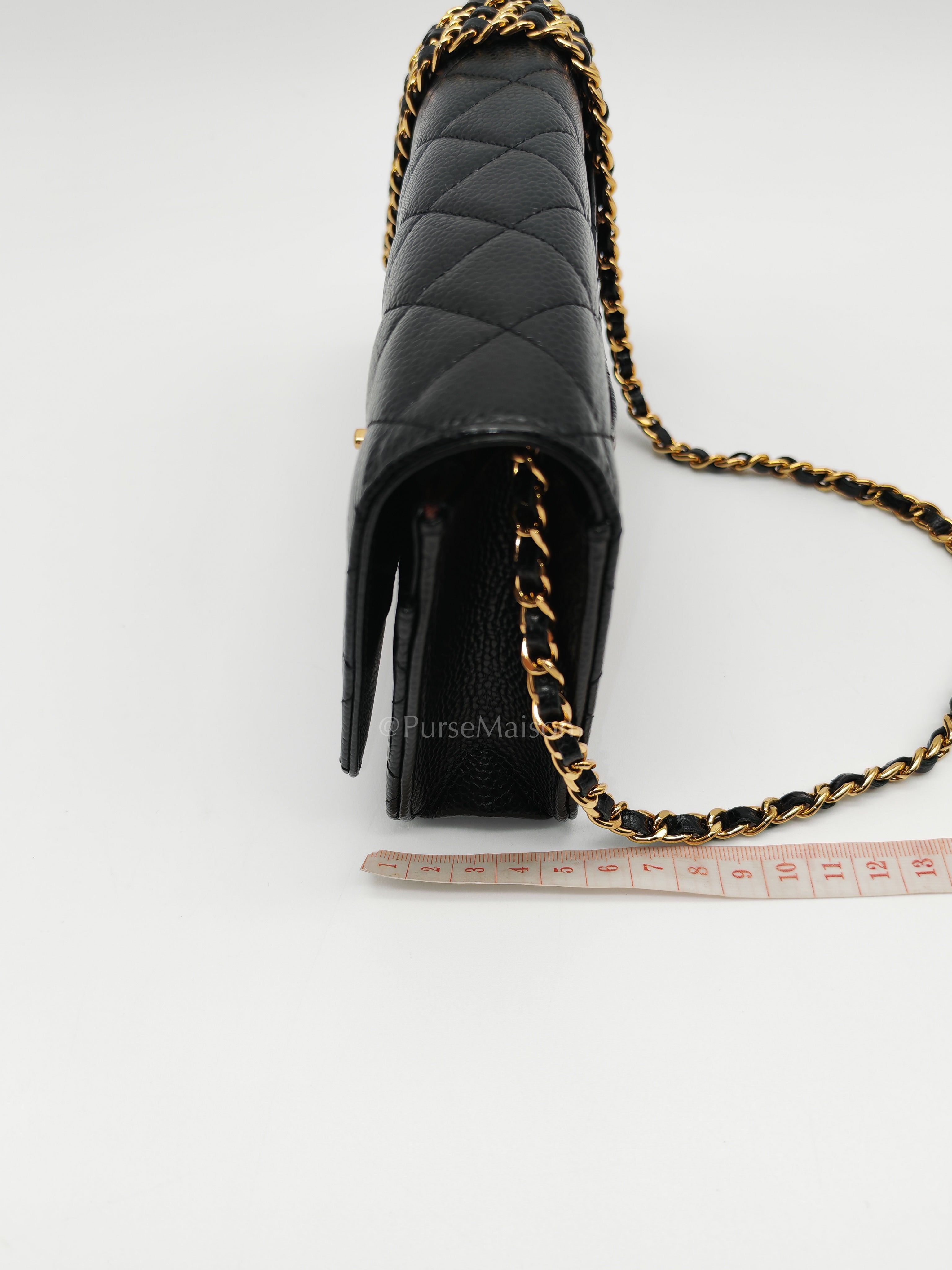 Wallet on Chain in Black Quilted Caviar Leather and Gold Hardware Microchip | Purse Maison Luxury Bags Shop