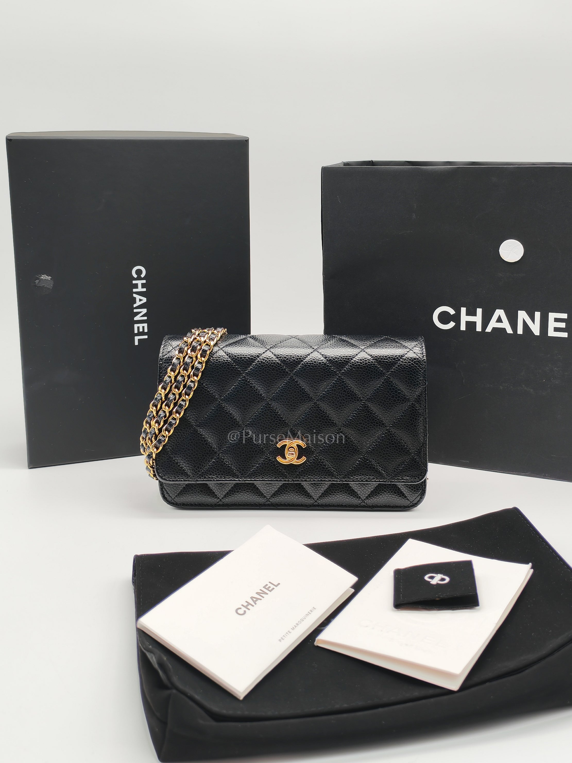Wallet on Chain in Black Quilted Caviar Leather and Gold Hardware Microchip | Purse Maison Luxury Bags Shop
