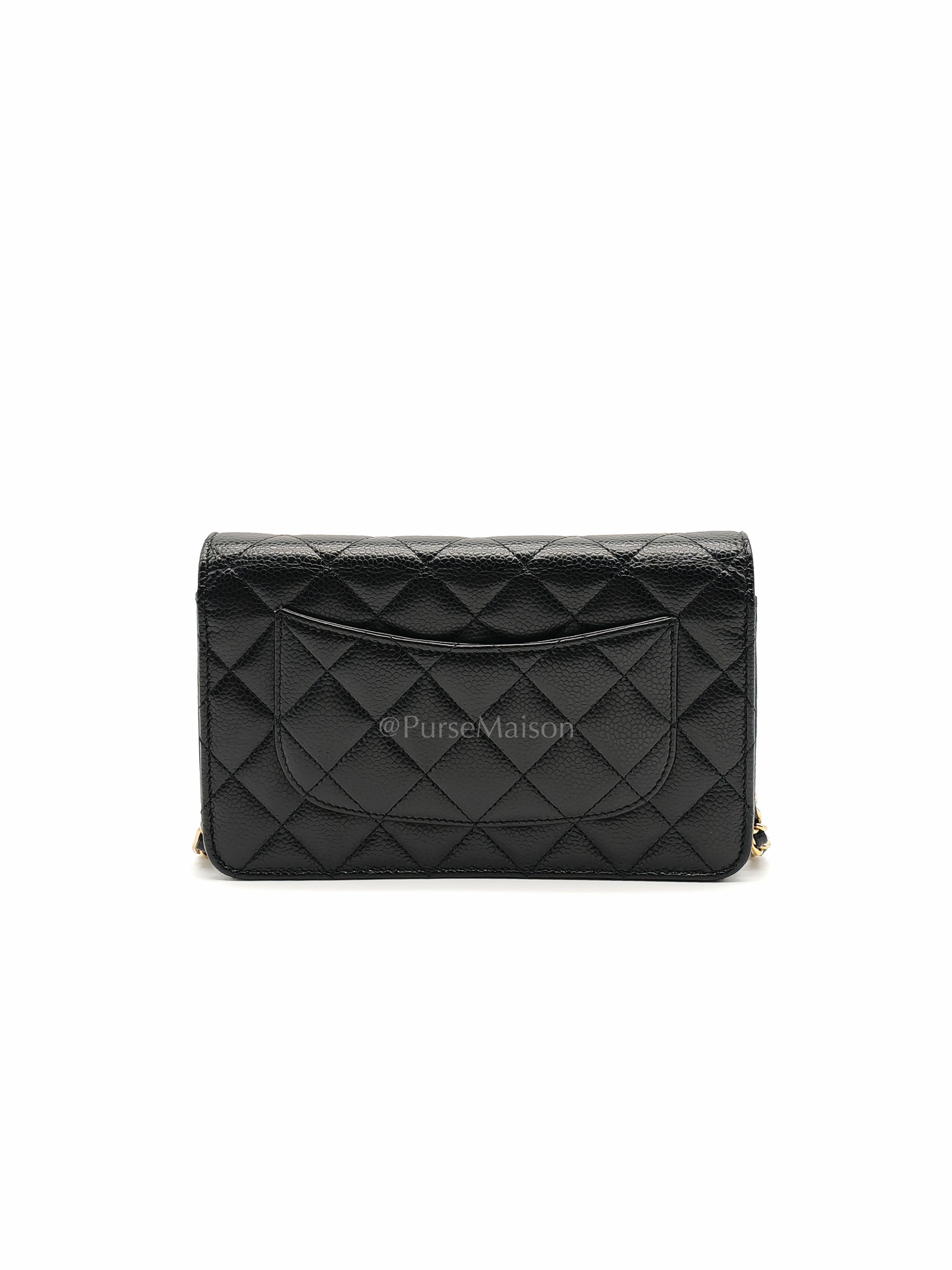 Wallet on Chain in Black Quilted Caviar Leather and Gold Hardware Microchip | Purse Maison Luxury Bags Shop