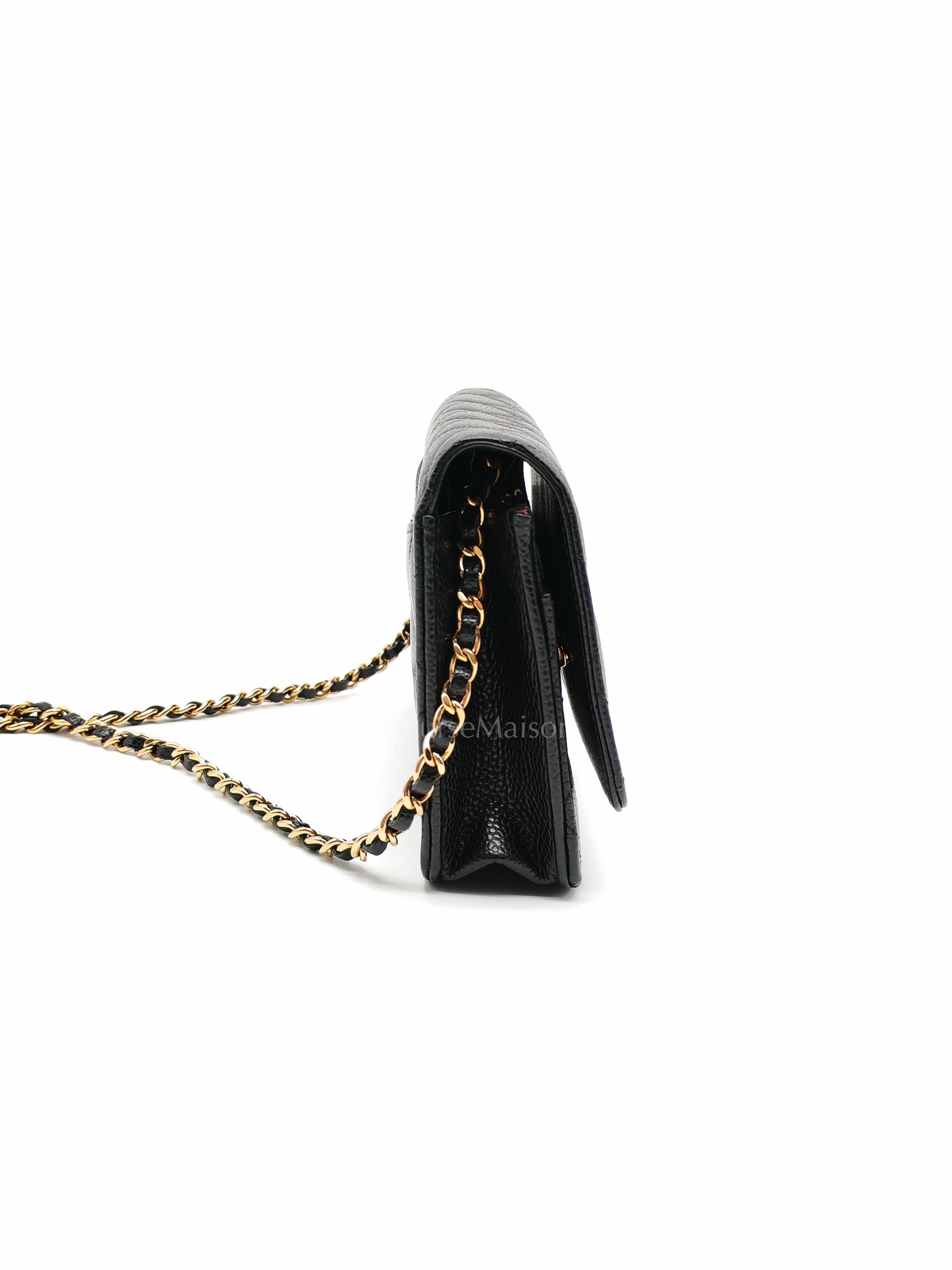 Wallet on Chain in Black Quilted Caviar Leather and Gold Hardware Microchip | Purse Maison Luxury Bags Shop