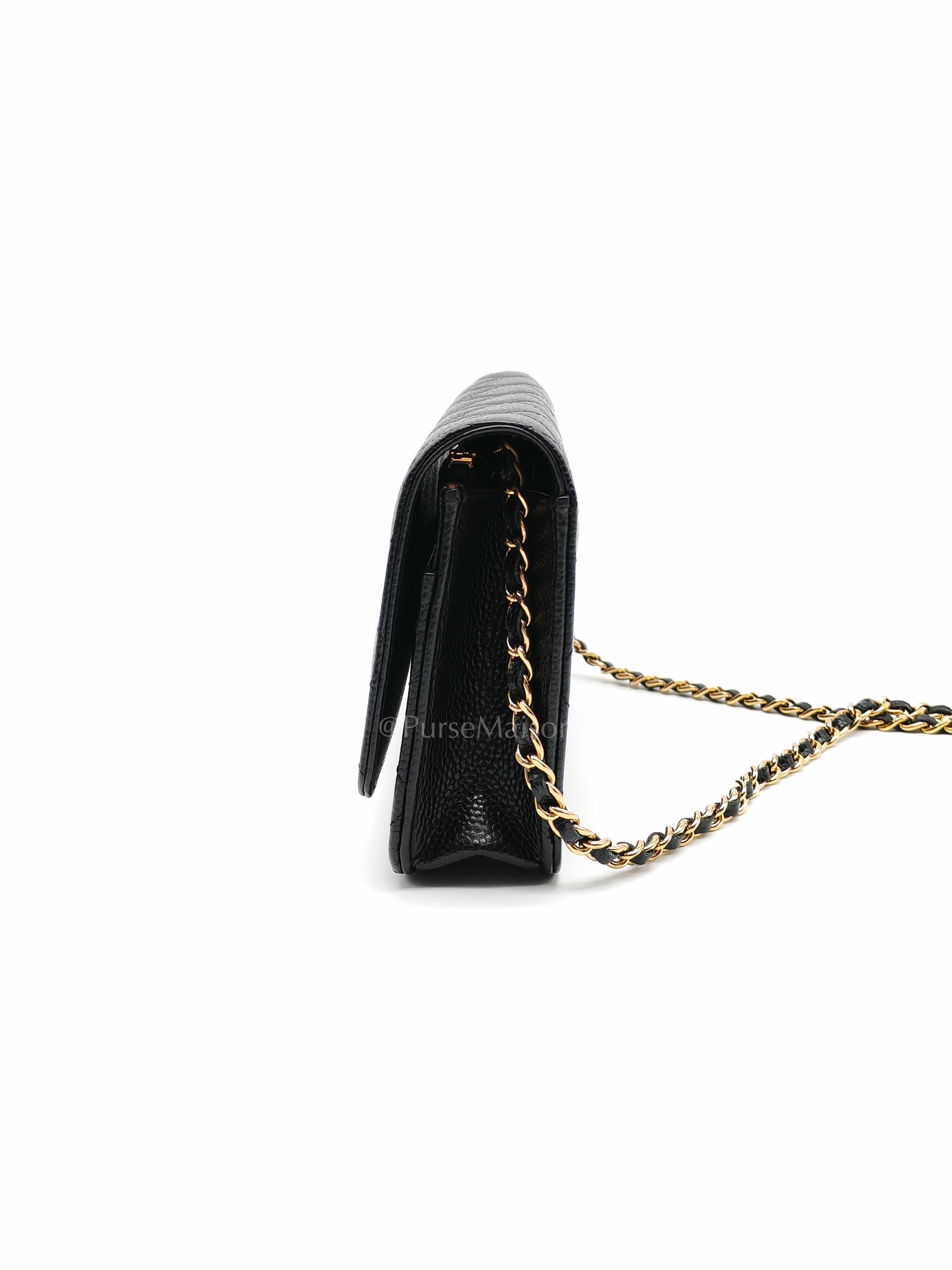 Wallet on Chain in Black Quilted Caviar Leather and Gold Hardware Microchip | Purse Maison Luxury Bags Shop