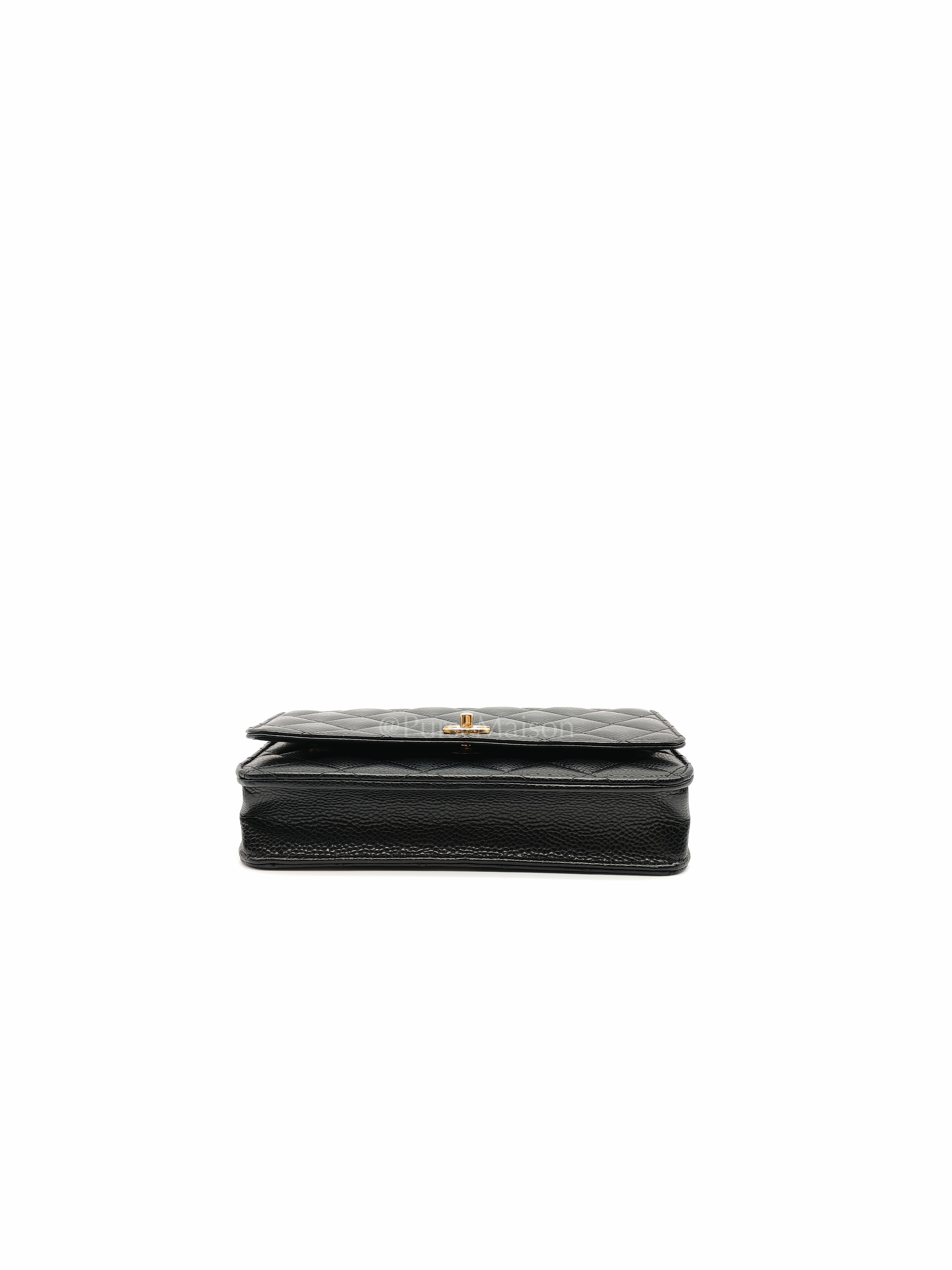 Wallet on Chain in Black Quilted Caviar Leather and Gold Hardware Microchip | Purse Maison Luxury Bags Shop